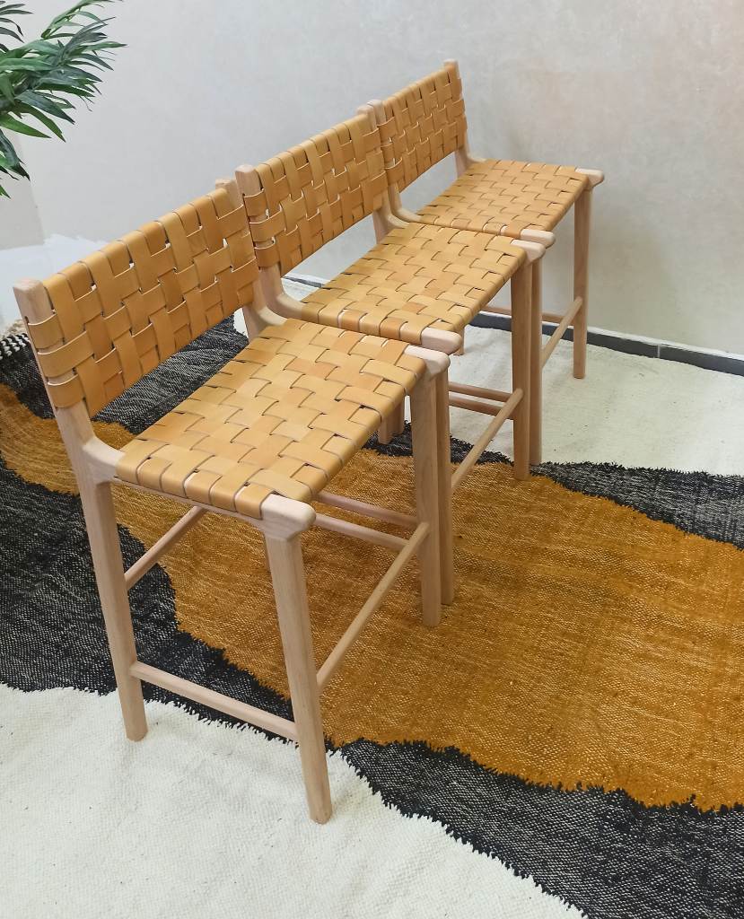 Leather Woven Strap Counter Stool - Natural Teak Wood With Beige Leather
