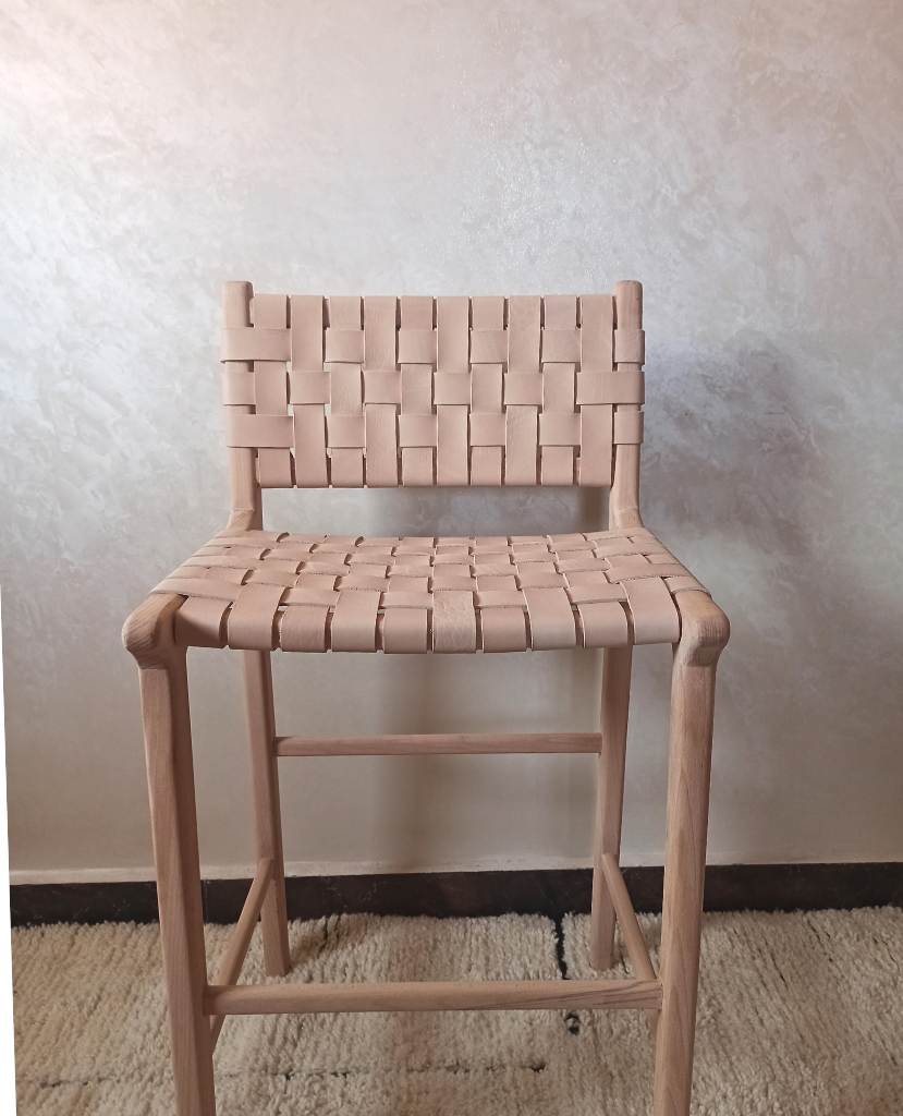 Leather Counter Stool - Natural Teak Wood With Natural Leather