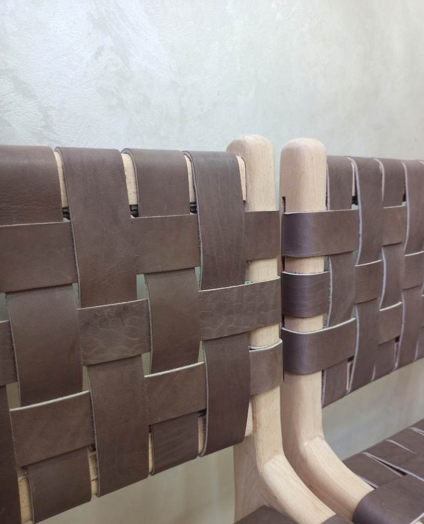 Leather Strap Counter Stool - Natural Teak Wood With Drak Brown Leather