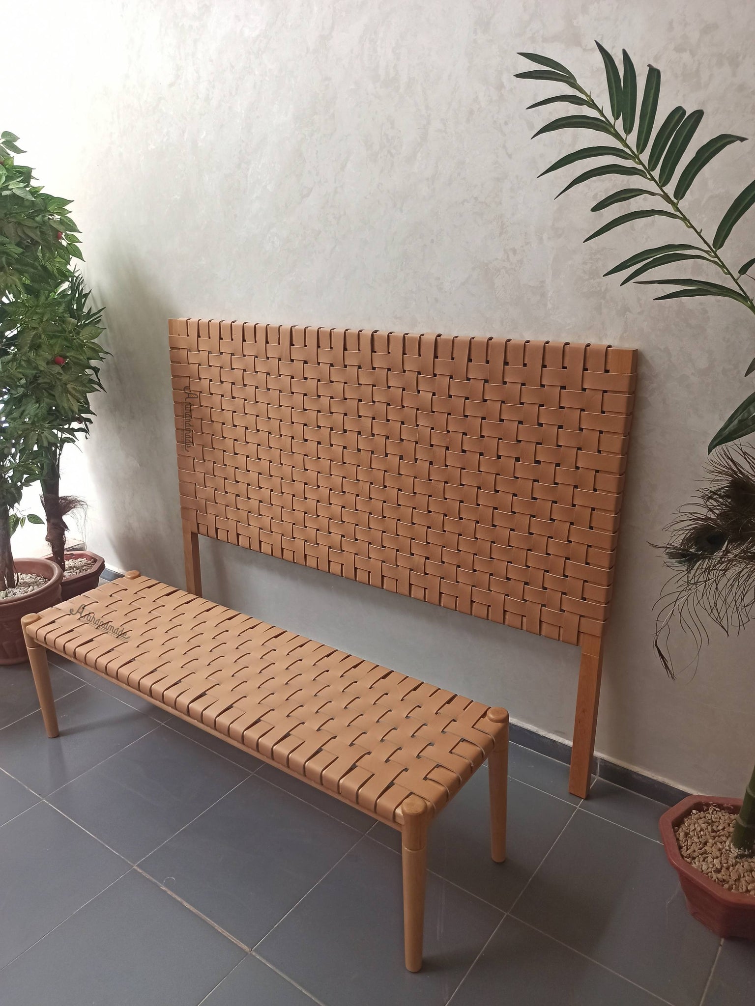 Handcrafted leather headboard and bench set in full grain leather and teak wood.