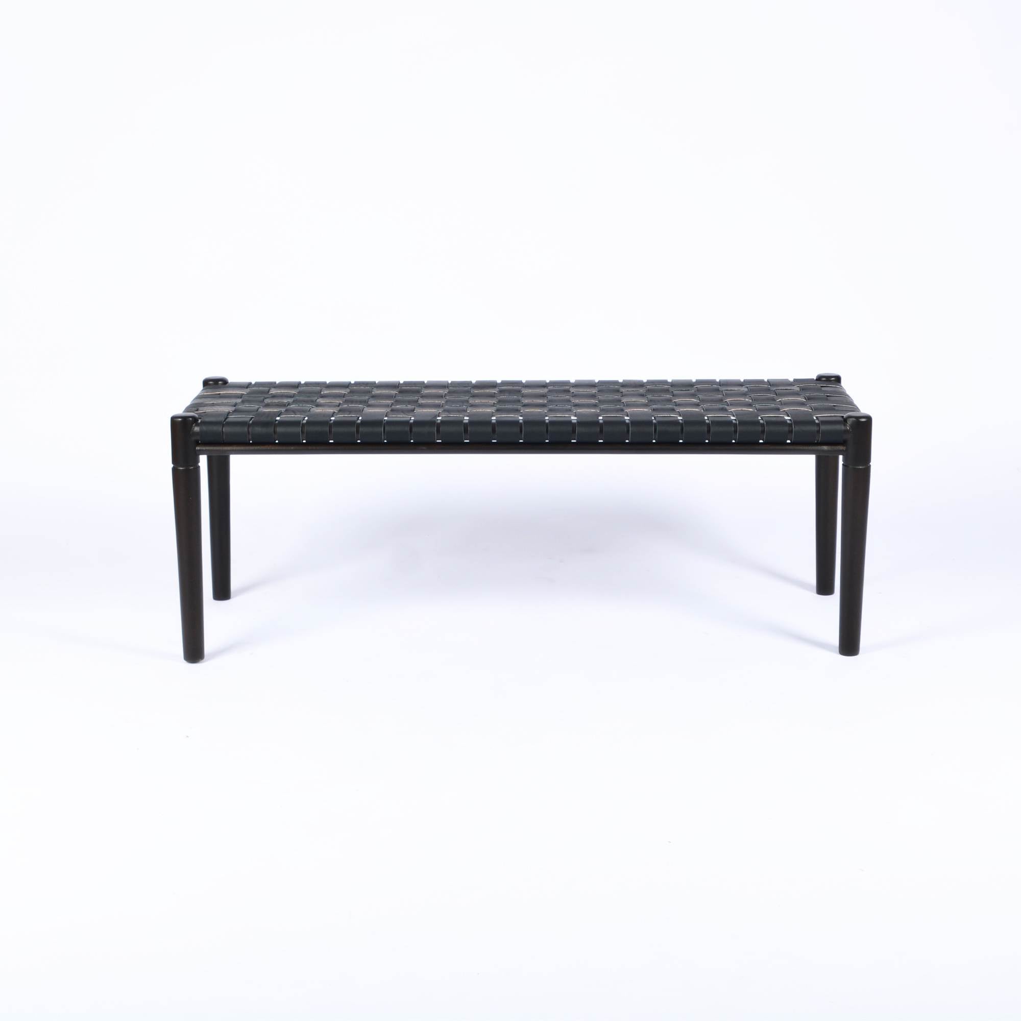 Helga Woven Leather Bench Black Teak Wood With Black Strap Leather