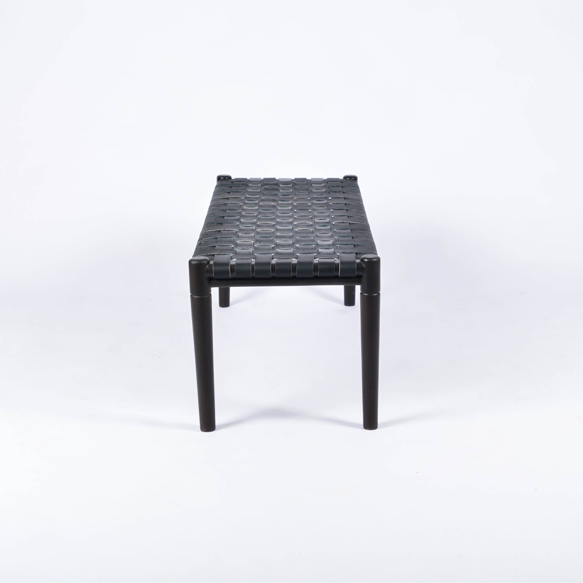 Helga Woven Leather Bench Black Teak Wood With Black Strap Leather