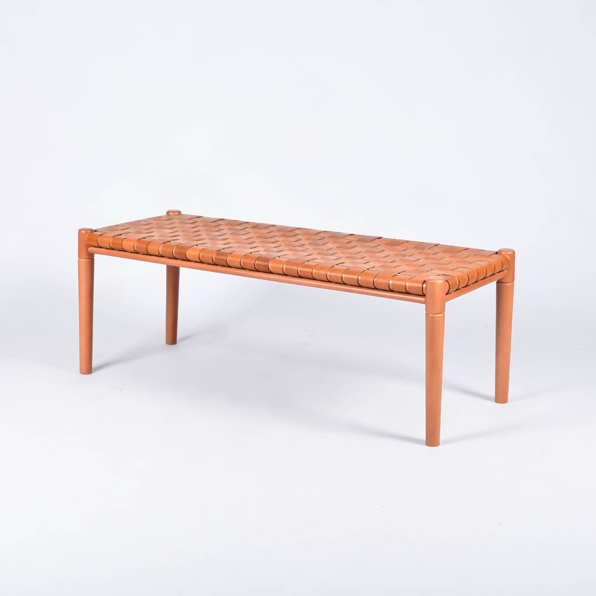 Helga Woven Leather Bench Cognac Teak Wood With Brown Cognac Strap Leather