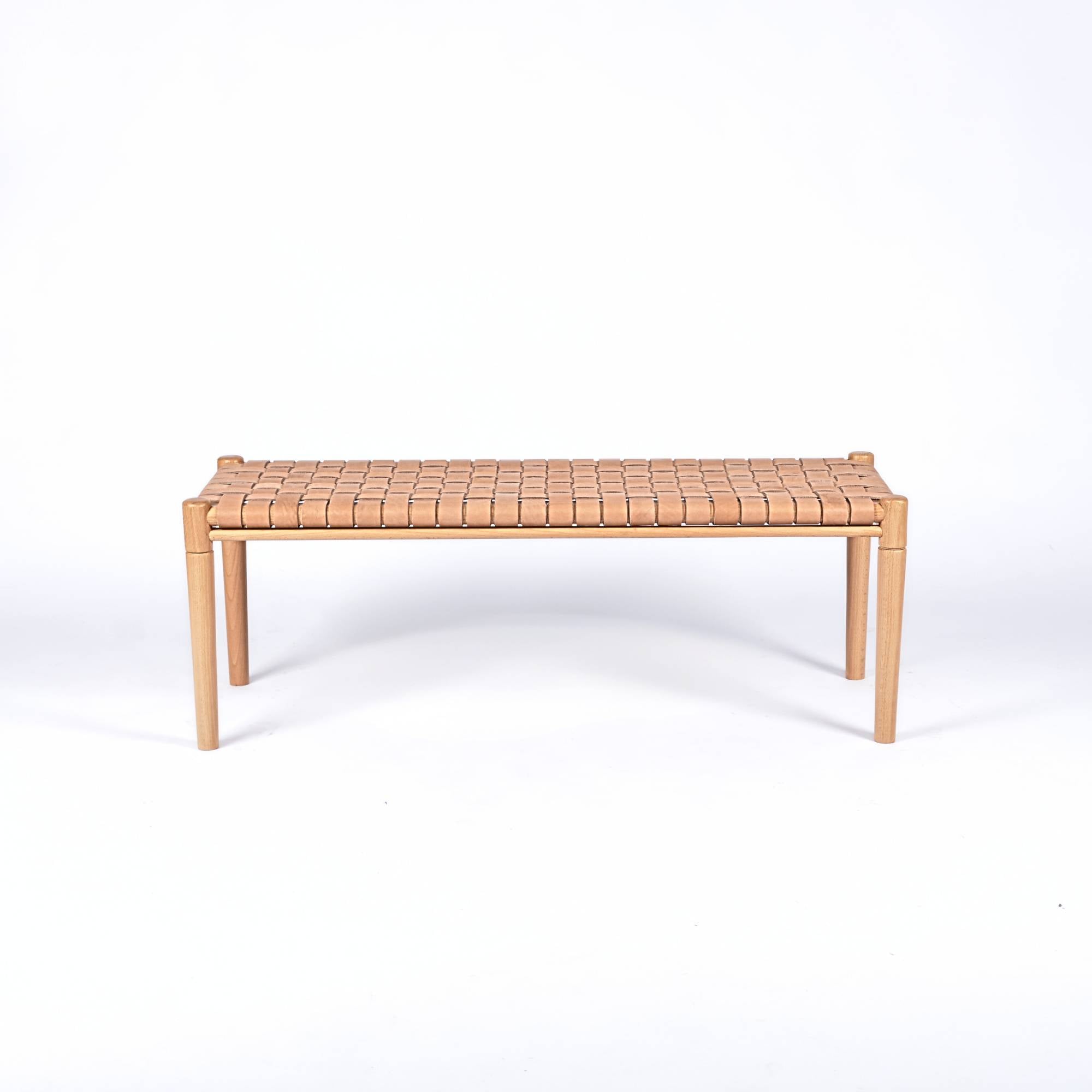Helga Woven Leather Bench Varnished Teak Wood With Strap Beige Leather
