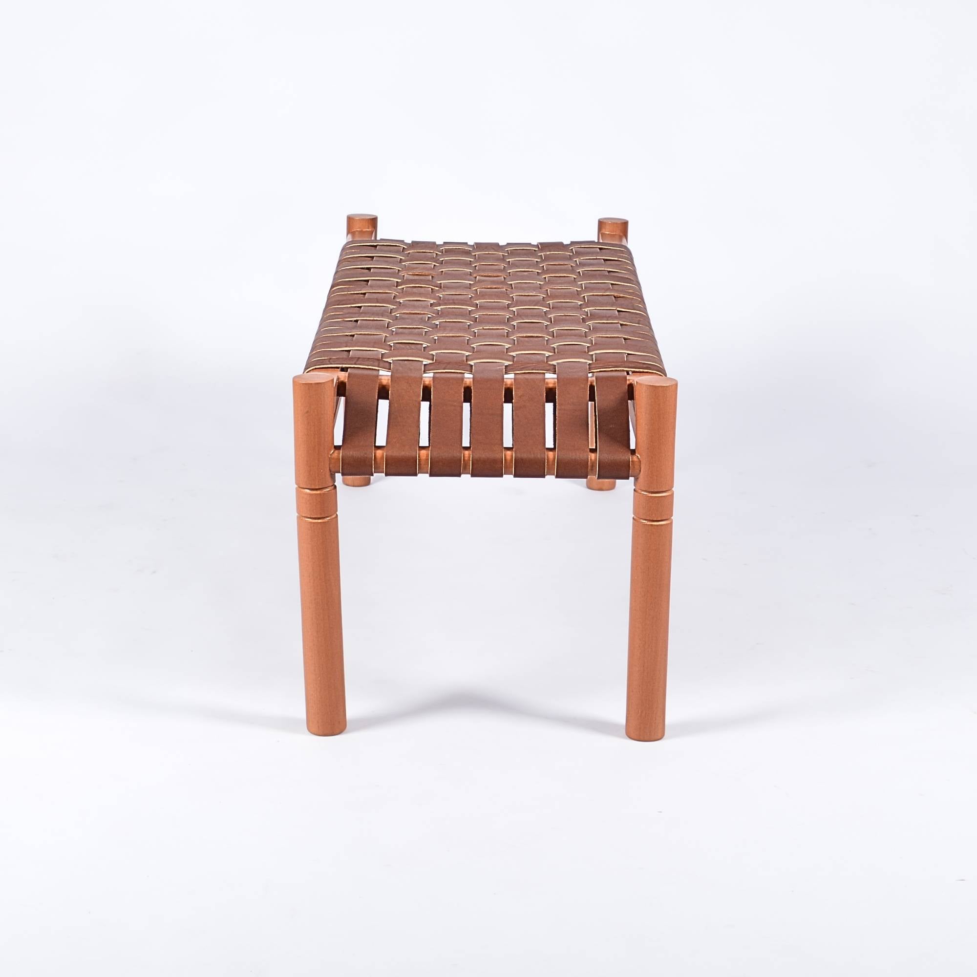 Hilda Woven Leather Bench Cognac Teak Wood With Brown Cognac Strap Leather