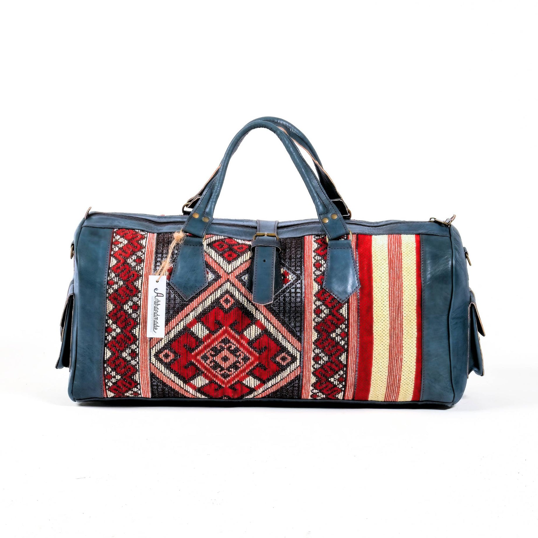 Handcrafted Leather Kilim Duffle Bag - Blue