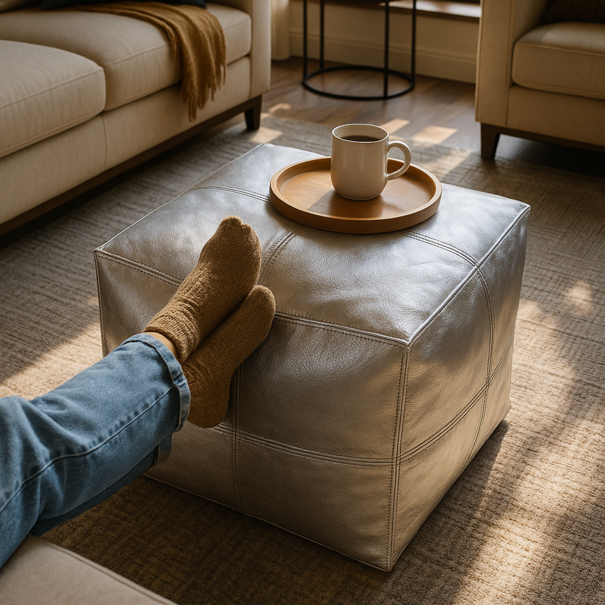 Premium Silver Pearl Leather - Square Ottoman Pouf, Handcrafted Large Ottoman, Luxury Home Decor | Luxury Footrest & Seat | Modern Design