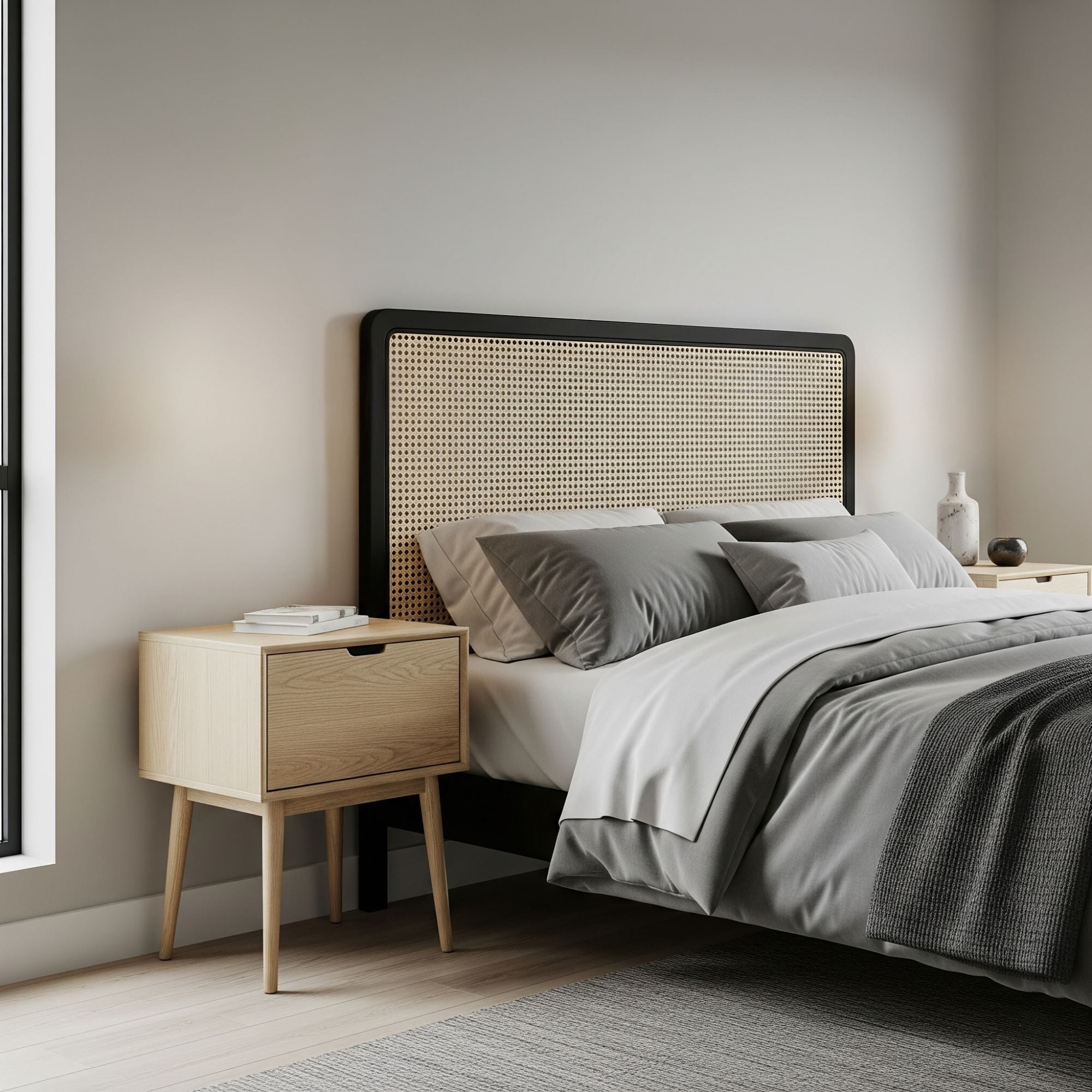 Modern Rattan  bedroom with a bed featuring a wicker headboard and wooden nightstands.