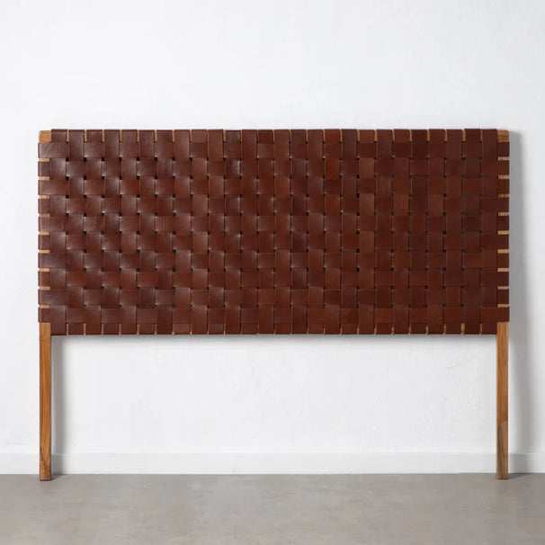 front view Detailed focus on the distressed leather texture in a Scandinavian King Size Headboard inspired woven headboard.