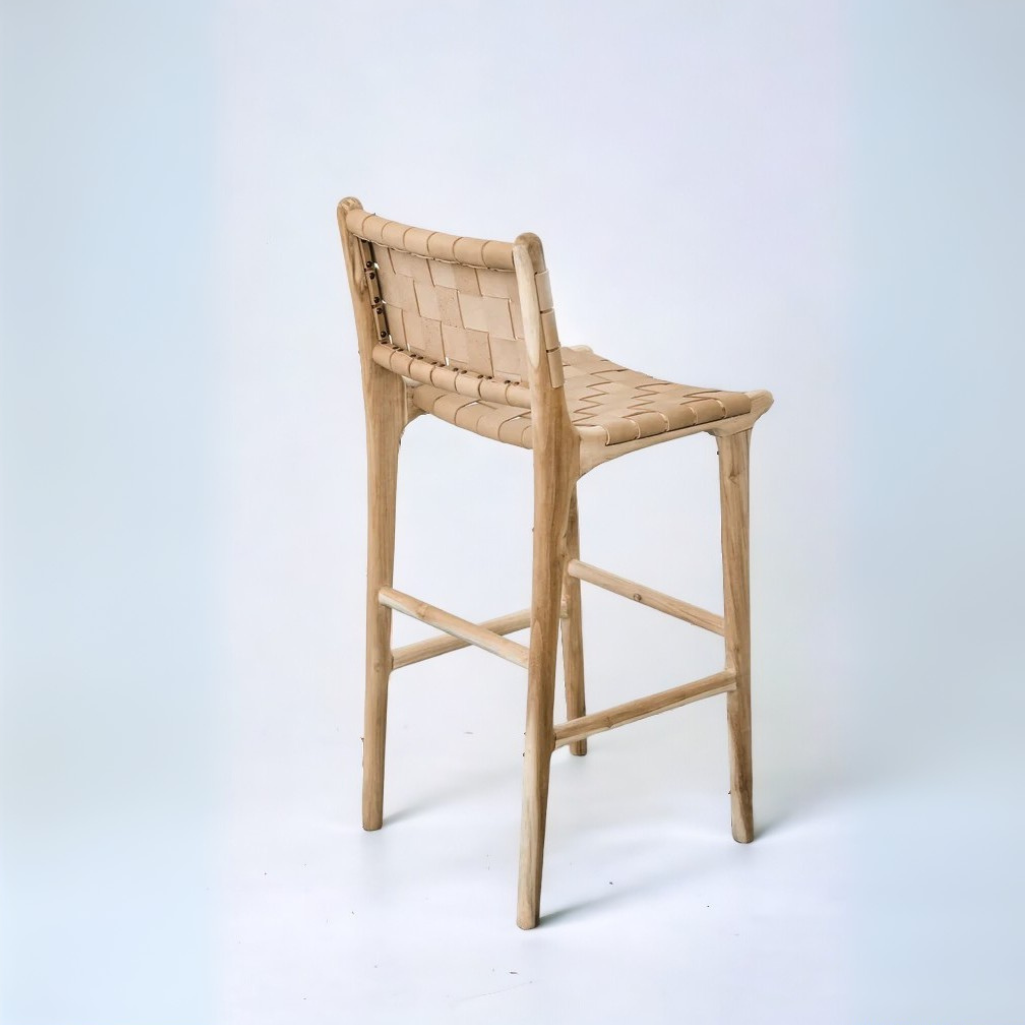 Woven Leather Counter Stool - Natural Teak Wood With Tan Leather