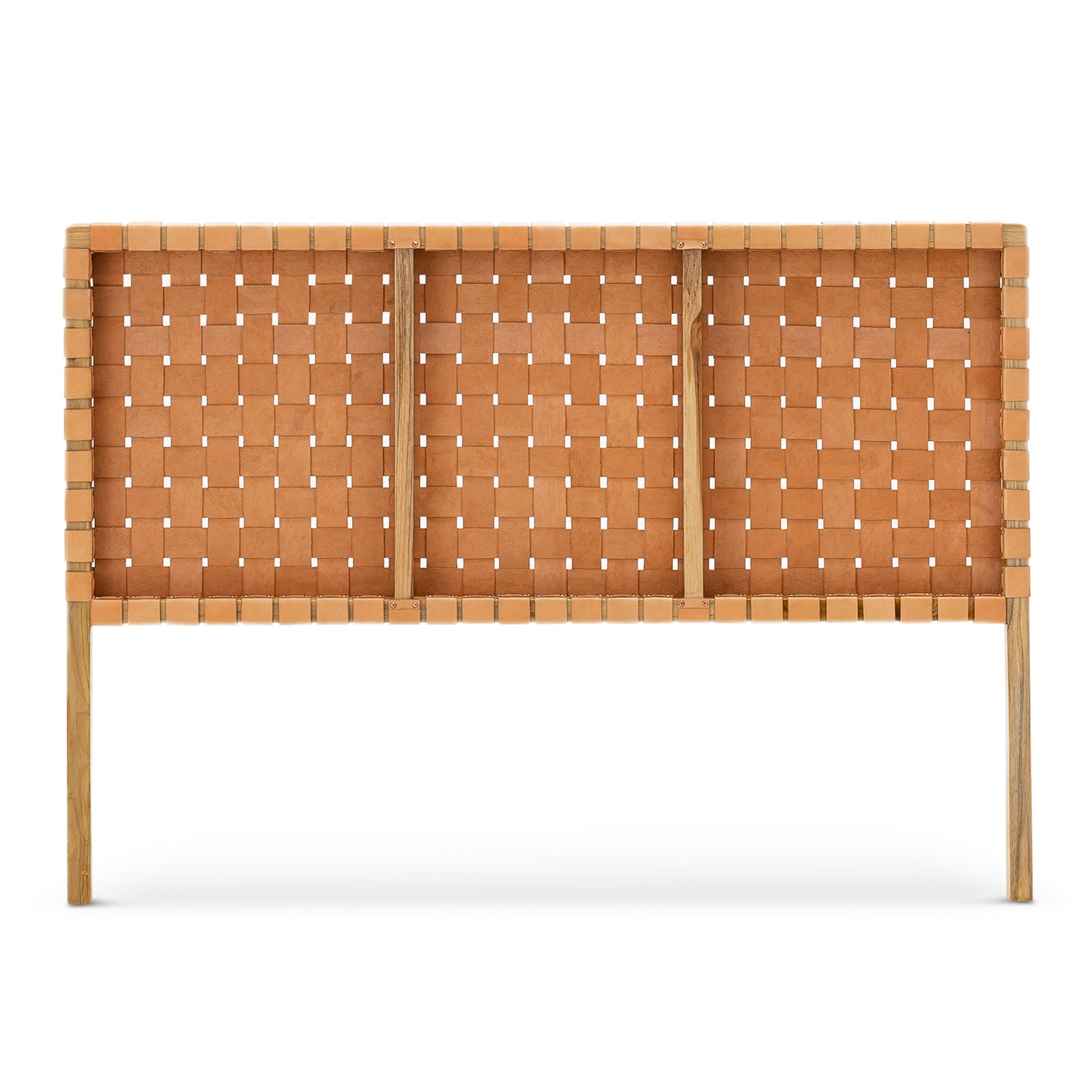 back view of Scandinavian strap woven leather headboard illustrating the uniform strap arrangement.