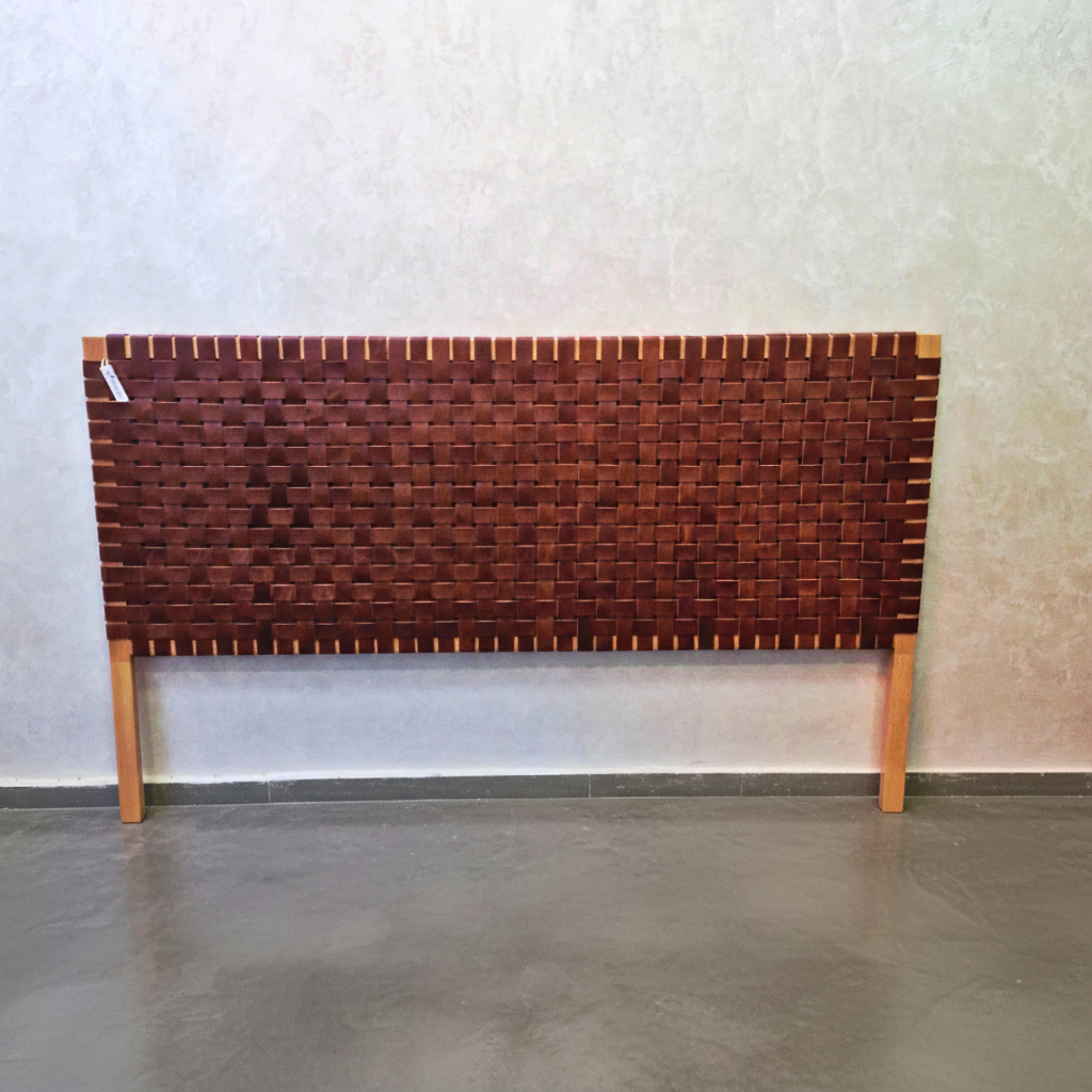 Leather Strap Headboard | Handcrafted Teak Wood with 2 Free Poufs | Queen King Cal King