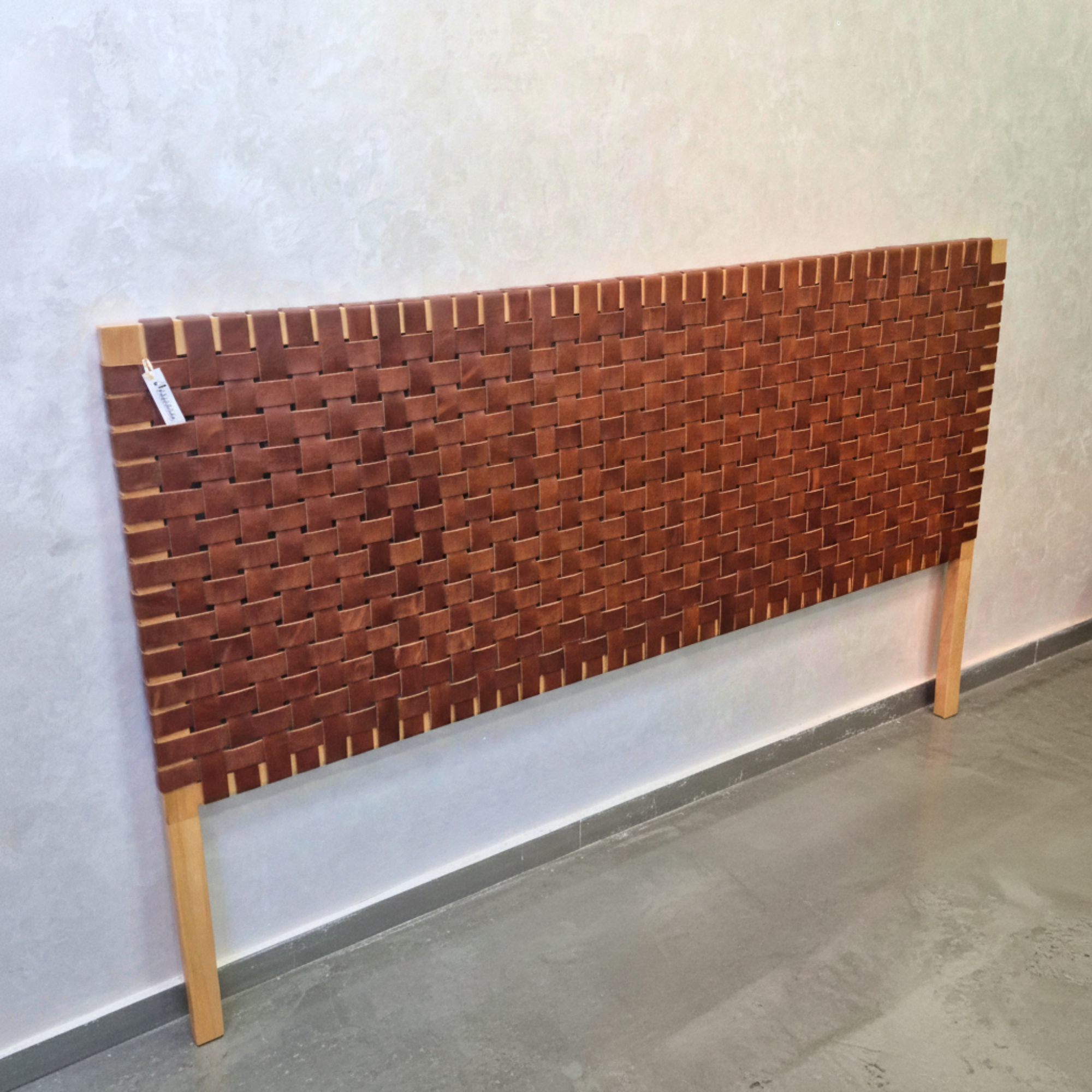Leather Strap Headboard | Handcrafted Teak Wood with 2 Free Poufs | Queen King Cal King