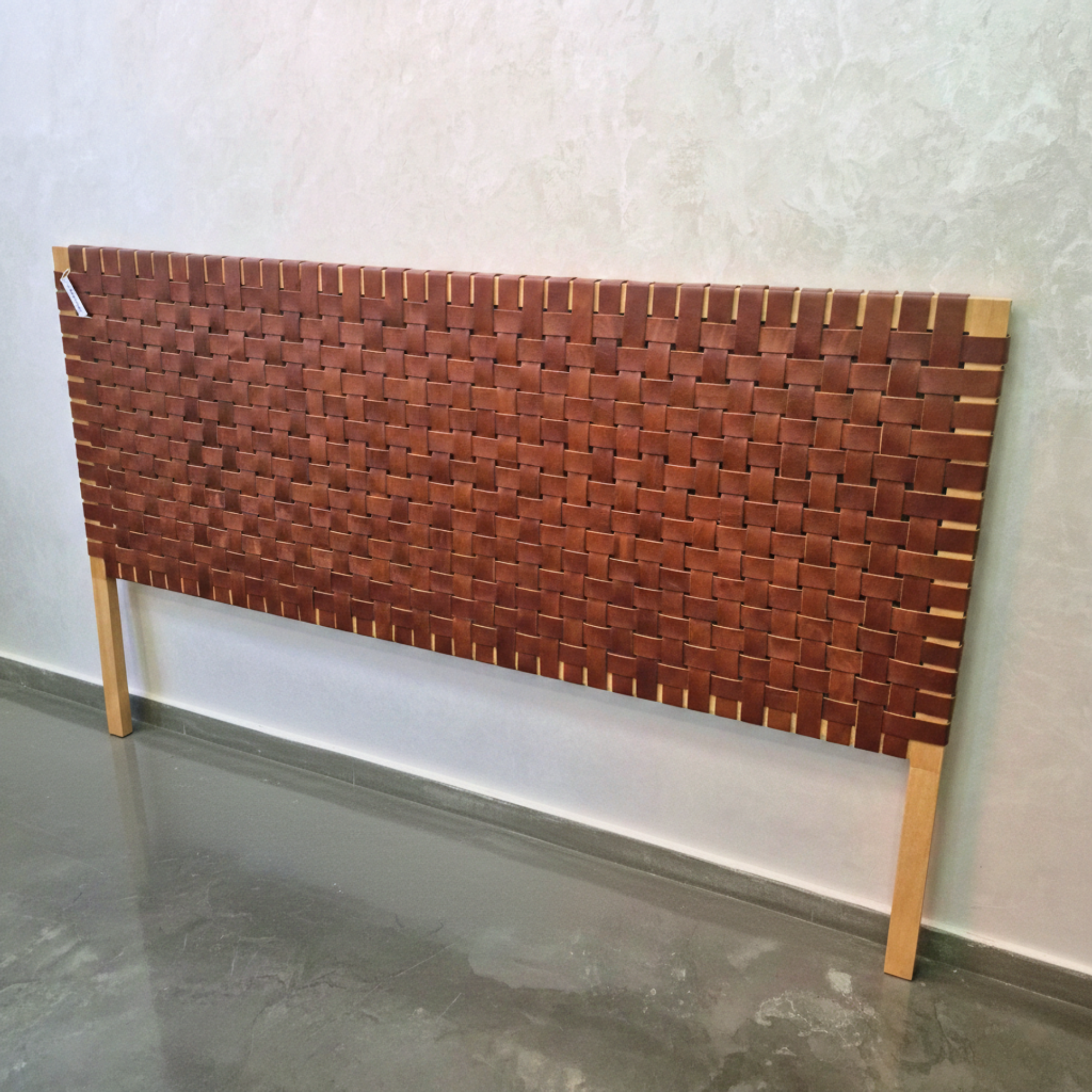 Leather Strap Headboard | Handcrafted Teak Wood with 2 Free Poufs | Queen King Cal King