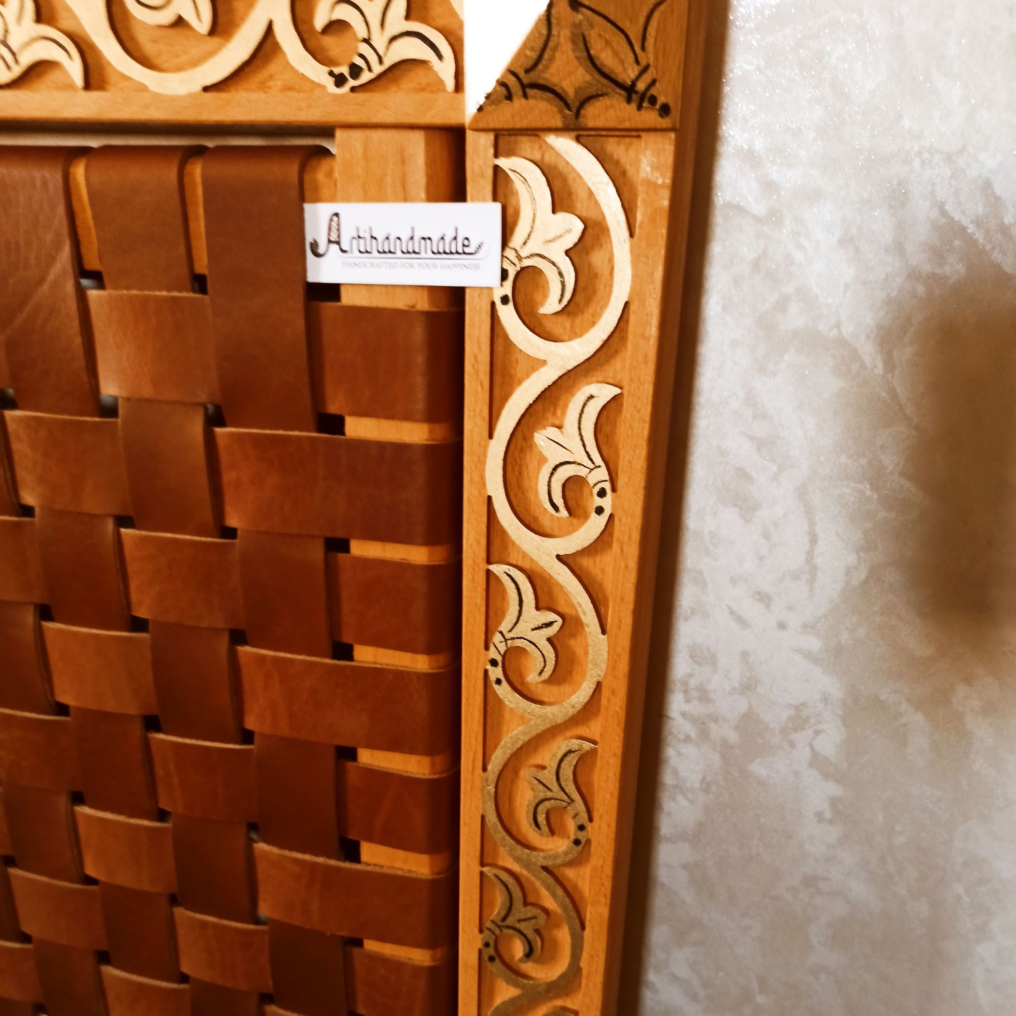 Exclusive luxury Leather Headboard - Frame Carved Leaf with Gold-painted & woven Strap leather