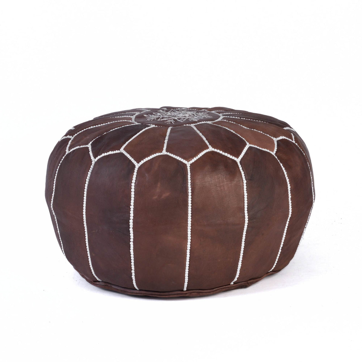 Handstitched Embroidery Genuine Leather Ottoman Pouf Brown