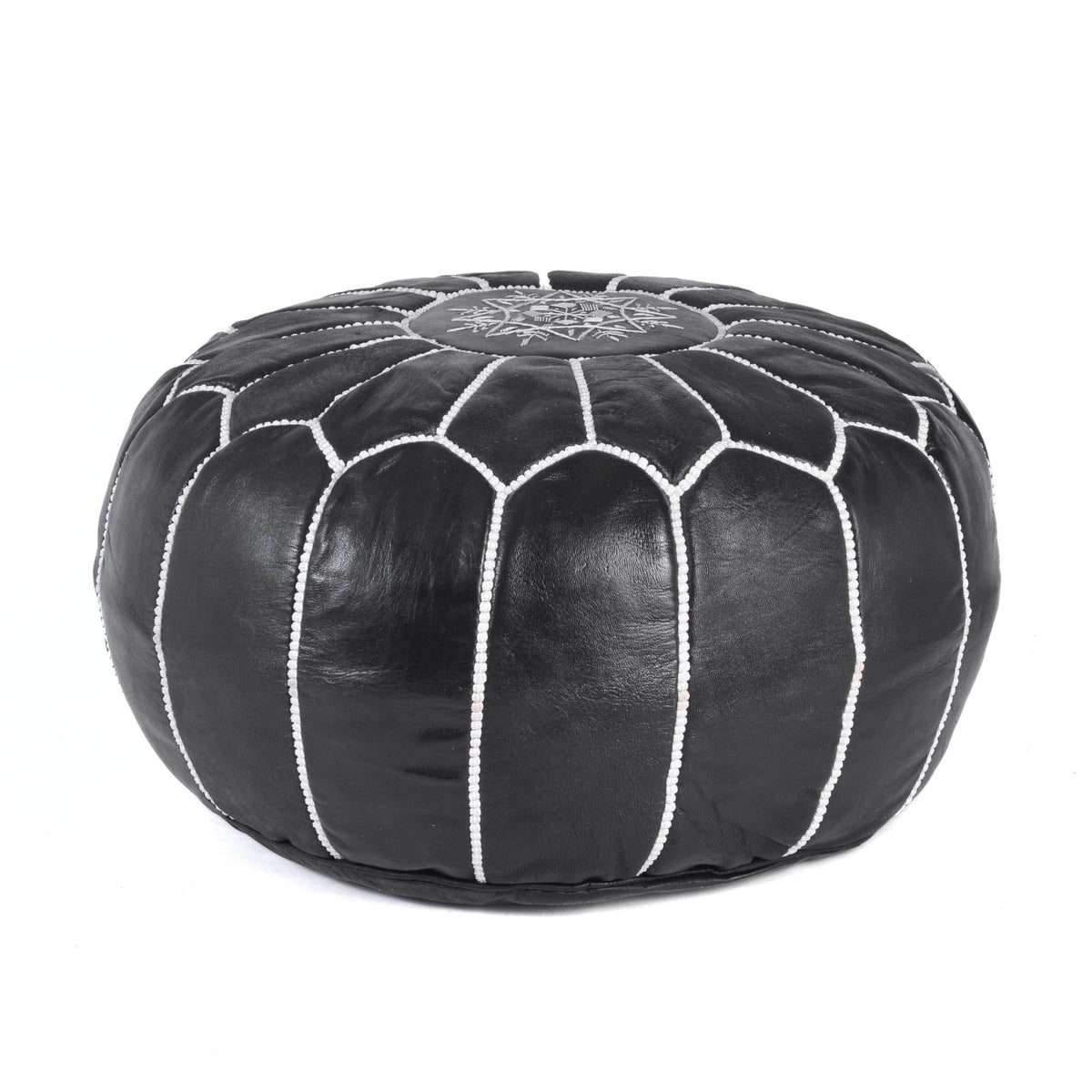 Handstitched Embroidery Genuine Leather Ottoman Pouf Black