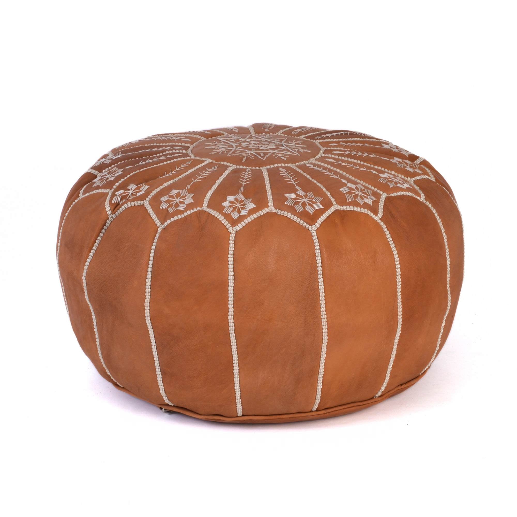 Hand-stitched Embroidery Genuine Leather Ottoman Pouf - Cognac new Design