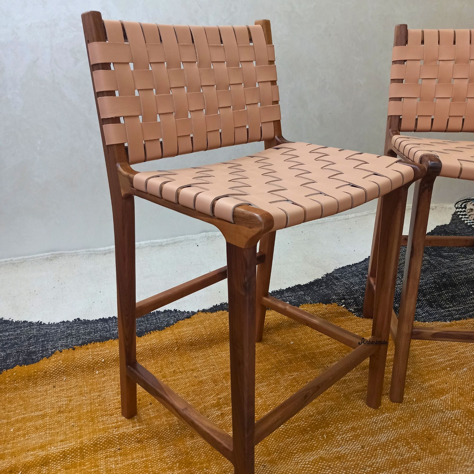Walnut Counter Stools, Natural Teak Wood With beige Leather.