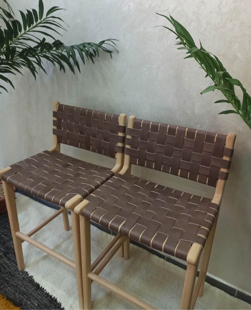 Leather Strap Counter Stool - Natural Teak Wood With Drak Brown Leather