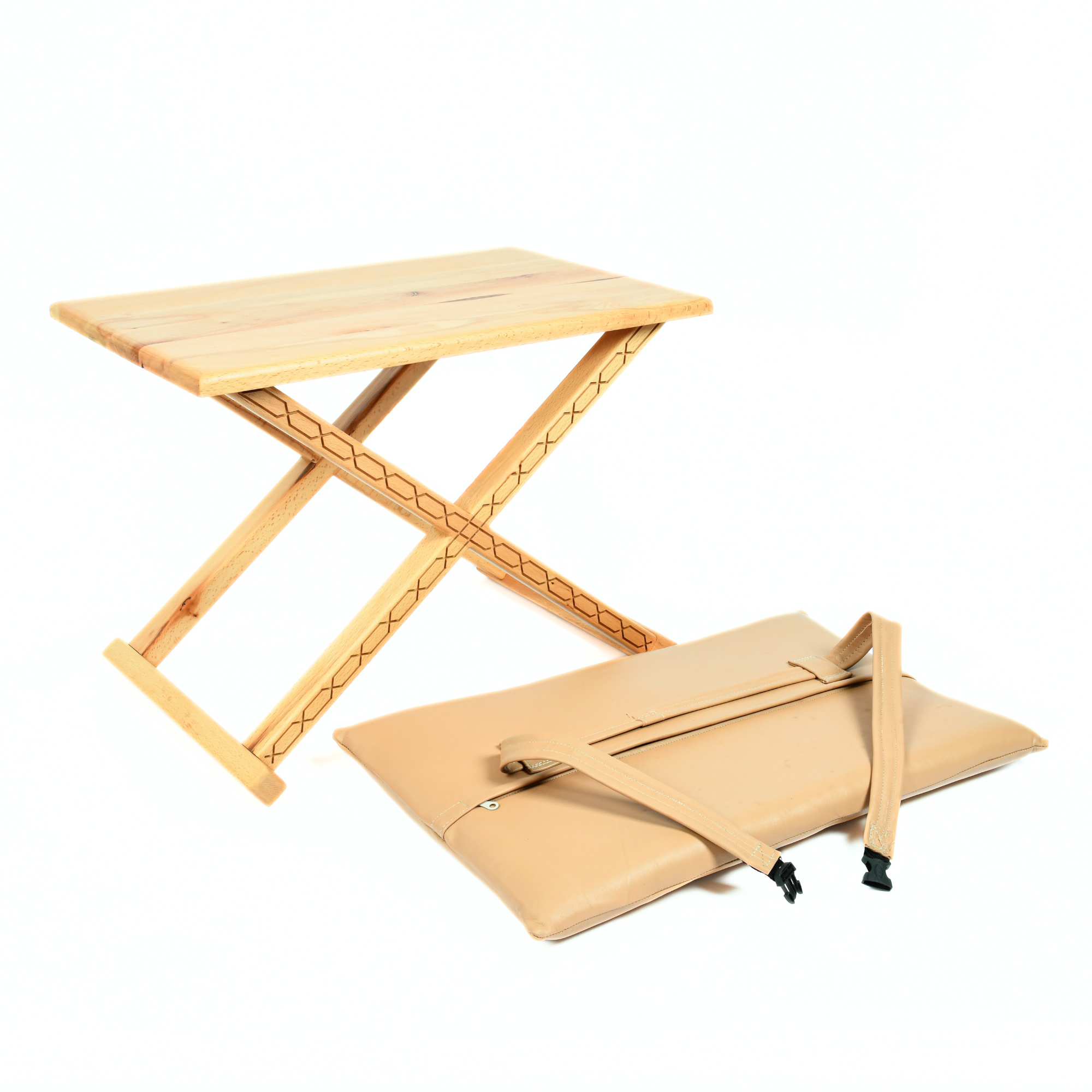 Vintage X Stool Varnished Wood With Beige Leather Cushion