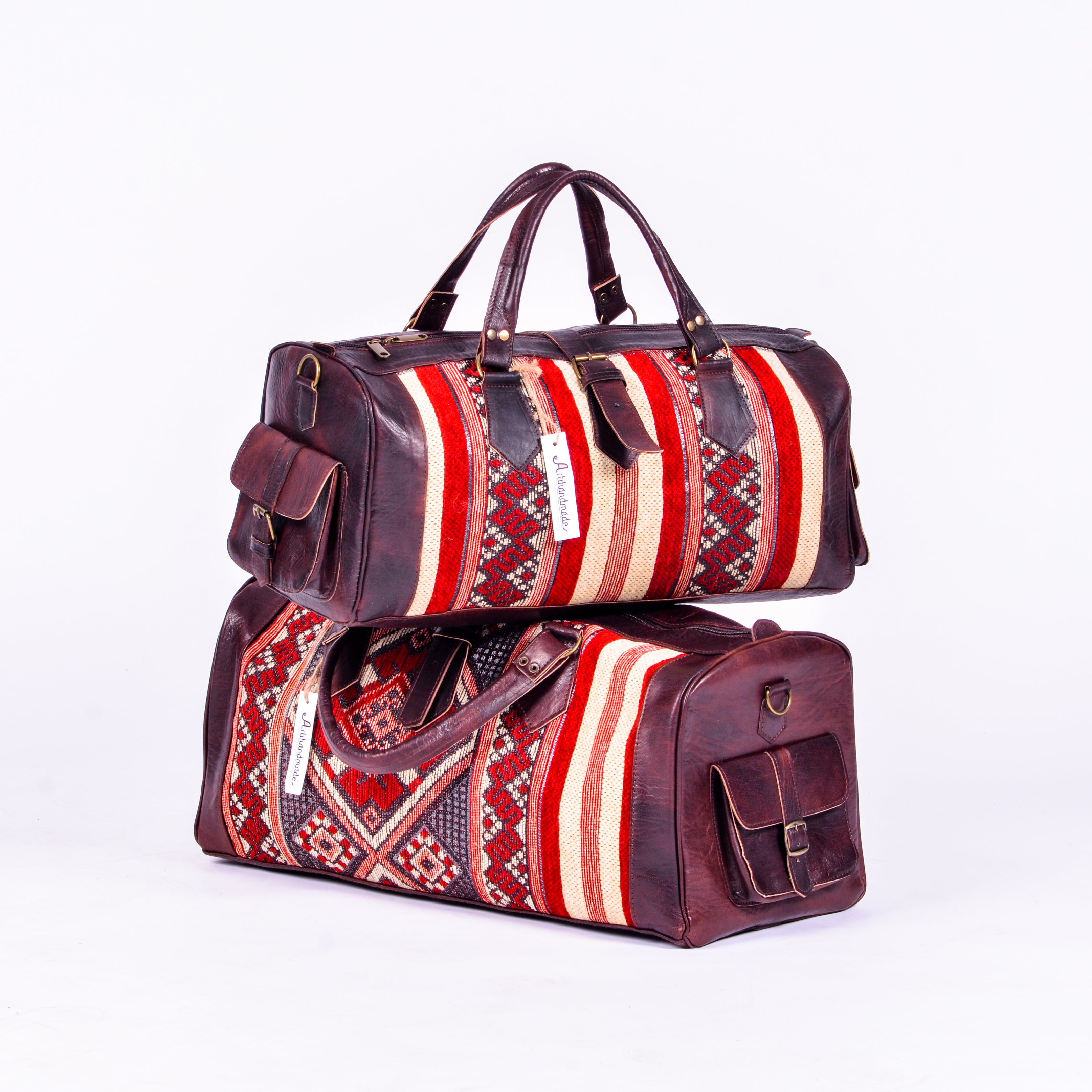 Set Of 2 Duffel Bags Kilim And Leather - Large With Medium