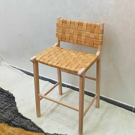 Leather Woven Strap Counter Stool - Natural Teak Wood With Beige Leather
