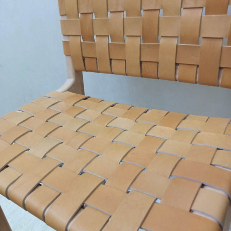 Leather Woven Strap Counter Stool - Natural Teak Wood With Beige Leather