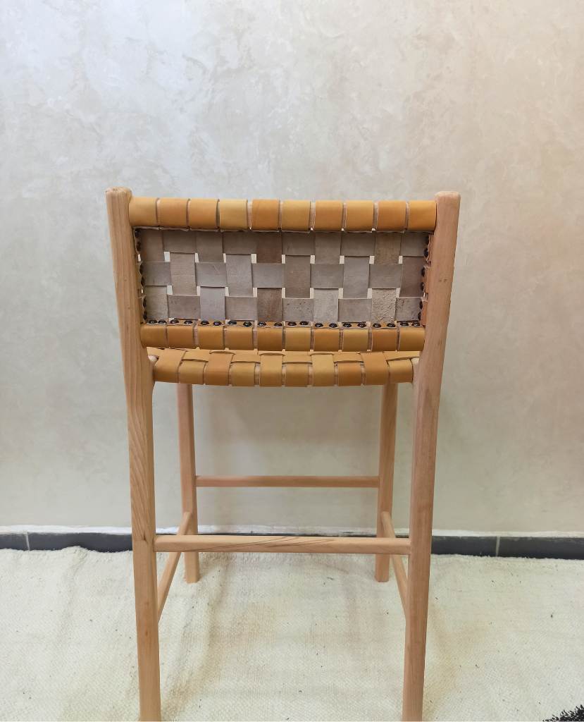 Leather Woven Strap Counter Stool - Natural Teak Wood With Beige Leather