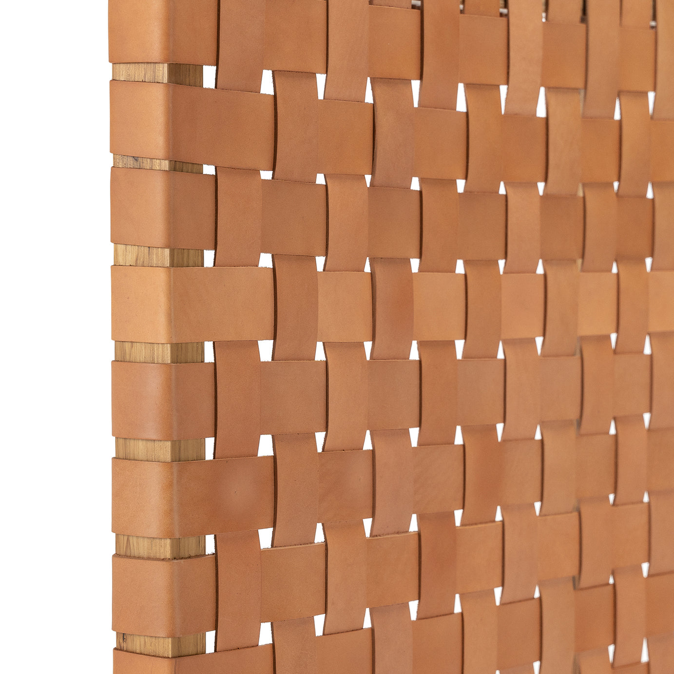 Close-up shot of the leather straps on a Scandinavian headboard detailing the fine weaving technique.