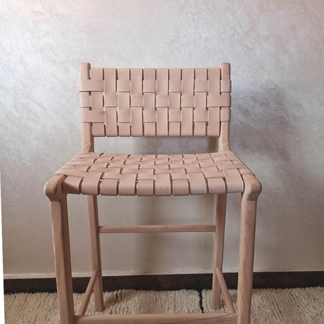 Leather Counter Stool - Natural Teak Wood With Natural Leather