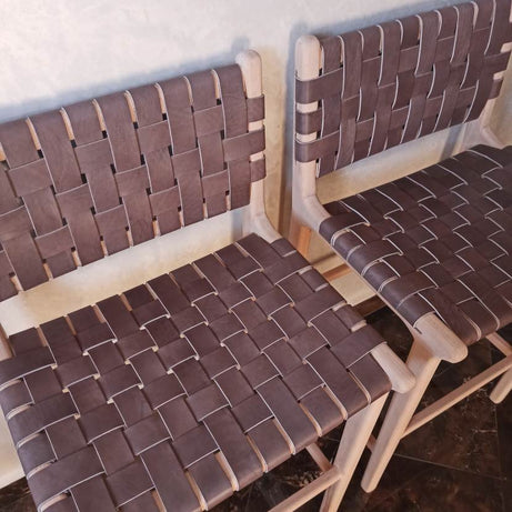 Leather Strap Counter Stool - Natural Teak Wood With Drak Brown Leather