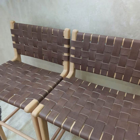 Leather Strap Counter Stool - Natural Teak Wood With Drak Brown Leather