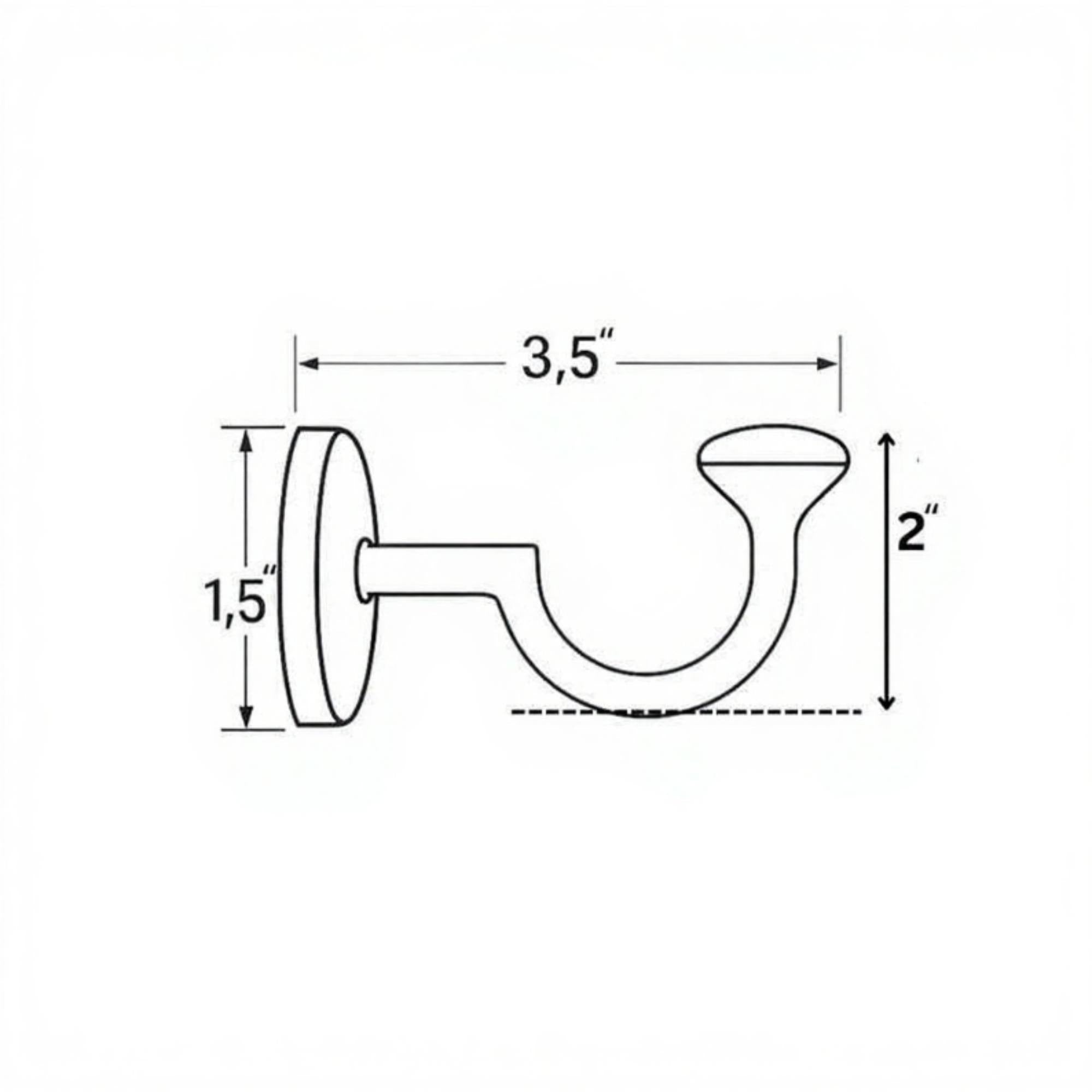 Measurement diagram of a brass hook with dimensions labeled