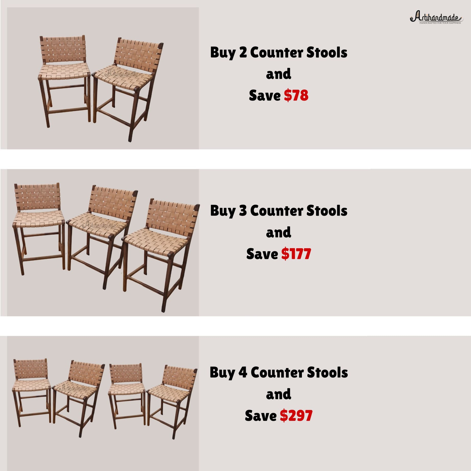 Walnut Counter Stools, Natural Teak Wood With beige Leather.