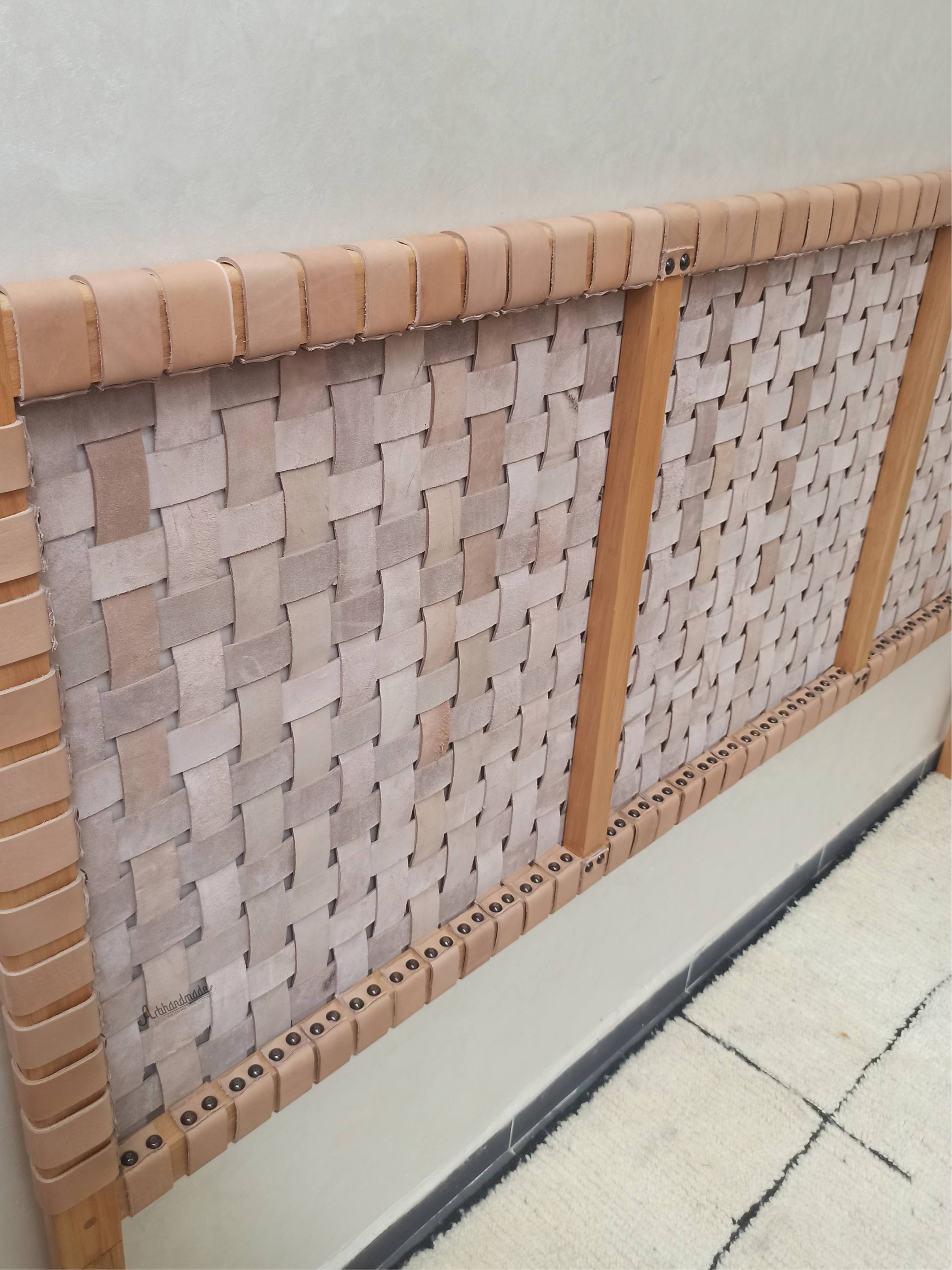 Handmade teak wood headboard and bench bundle with rich full grain leather finish.