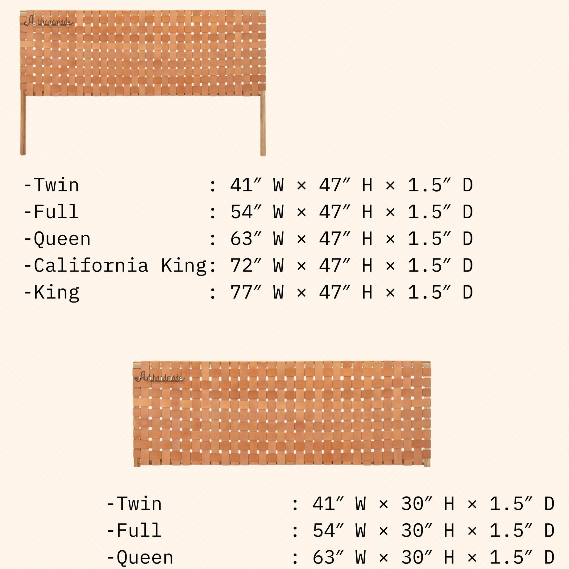 Chart showing headboard sizes with dimensions for twin, full, queen, California king, and king sizes.