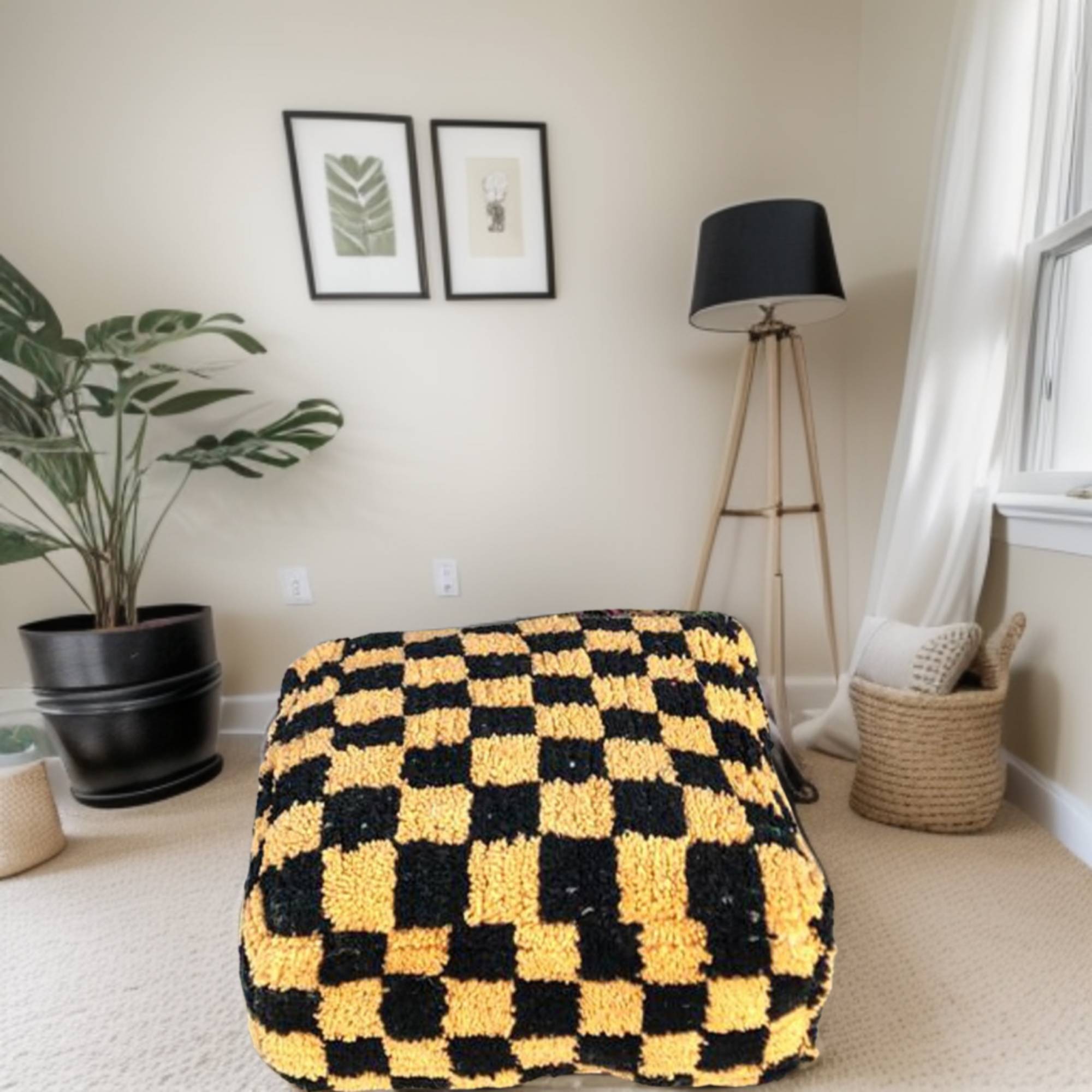 Checkered Wool Square Ottoman Pouf