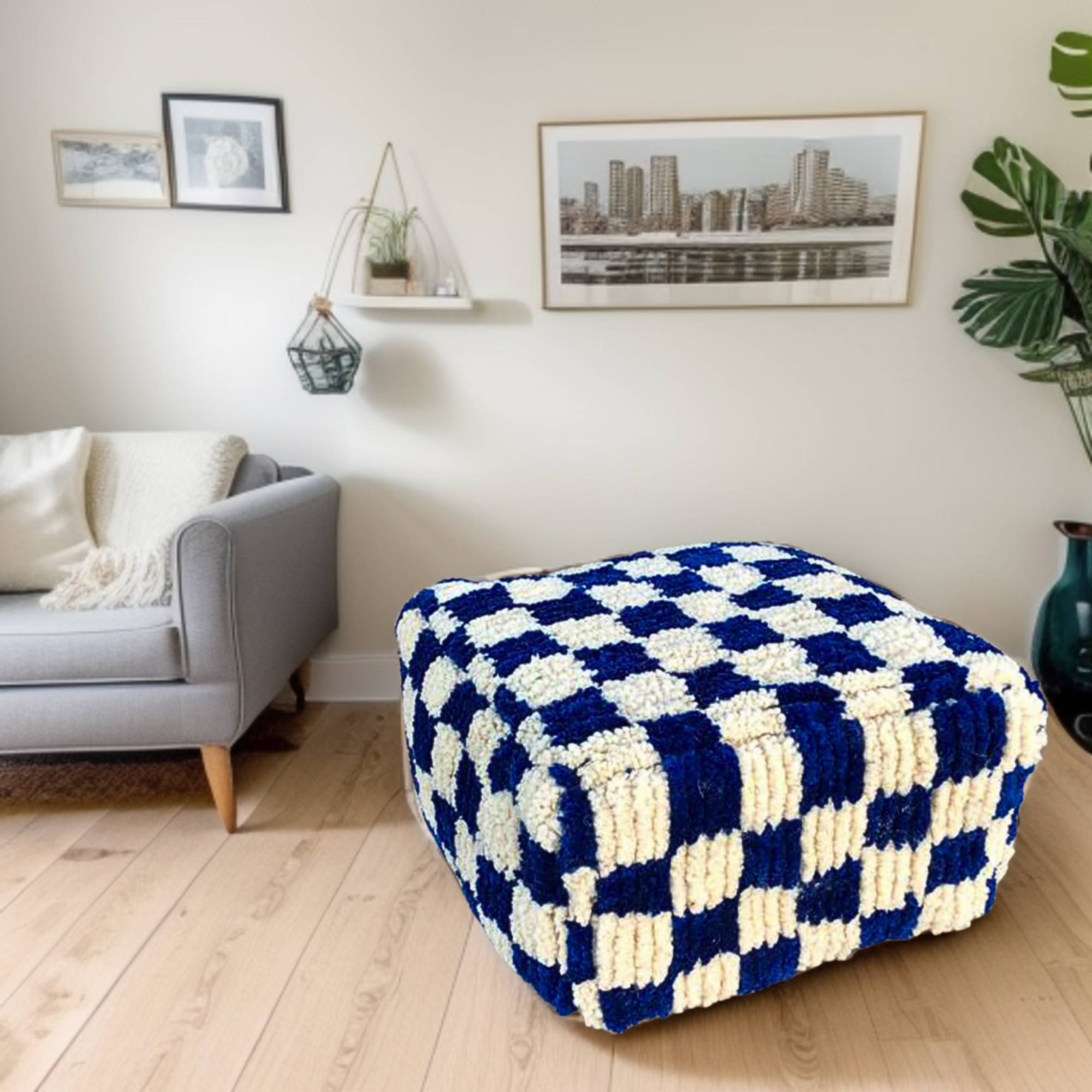 Checkered Wool Square Ottoman Pouf