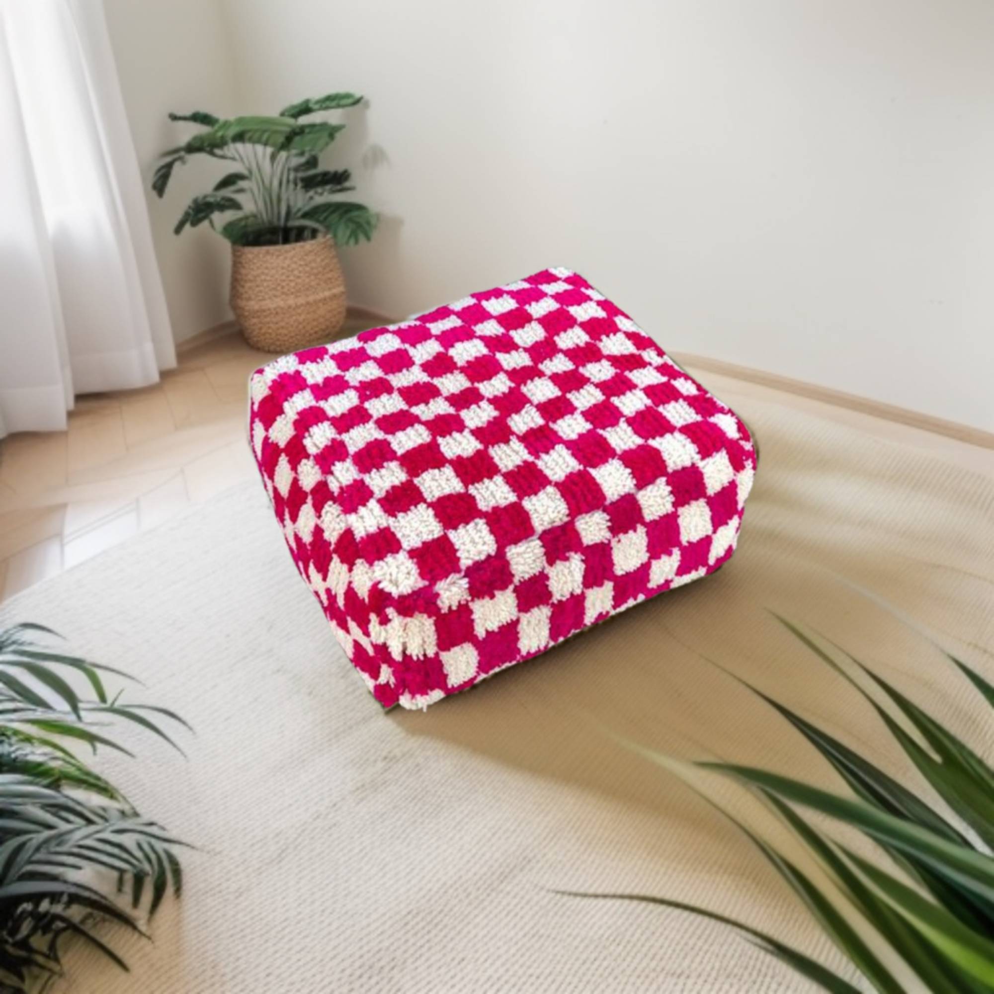 Checkered Wool Square Ottoman Pouf