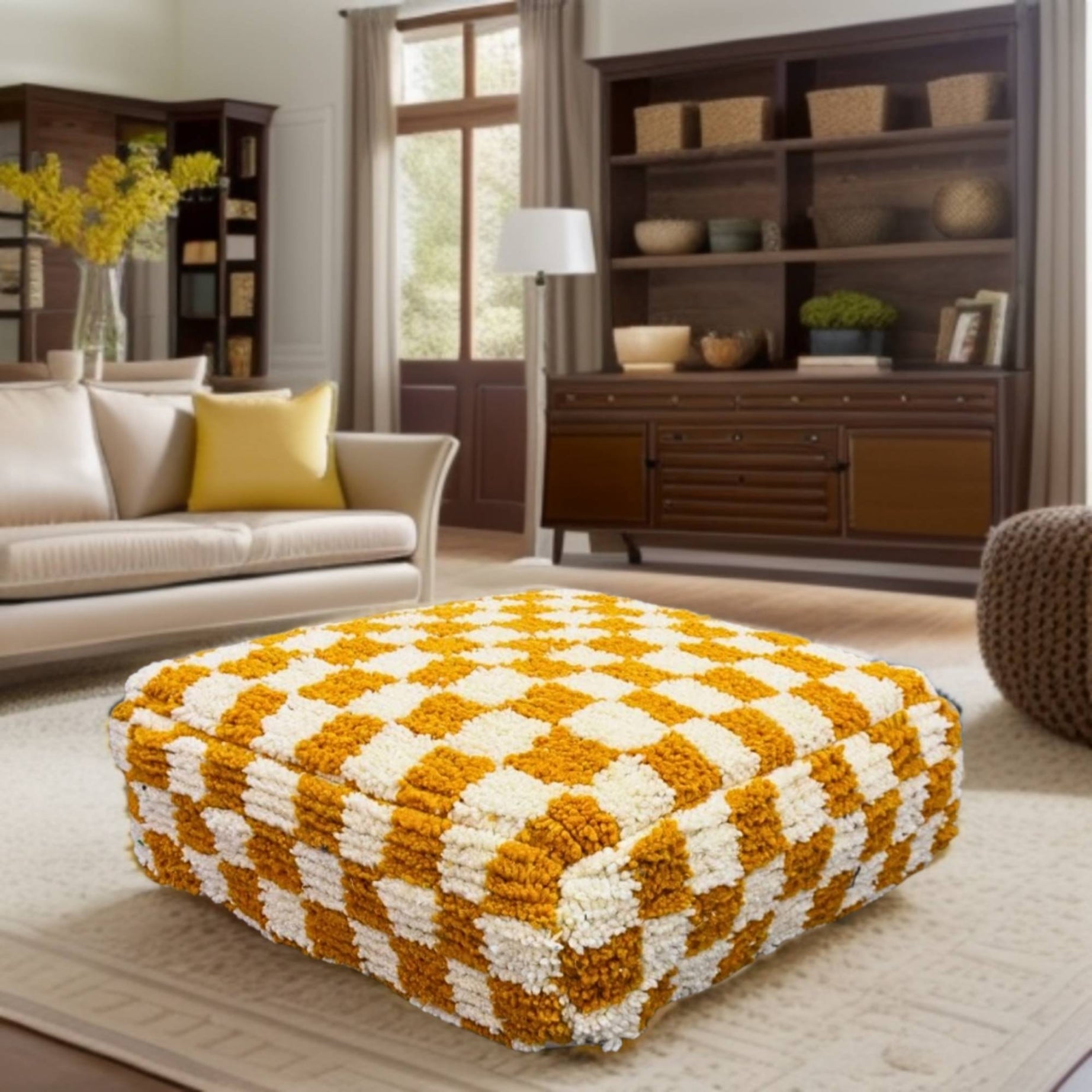 Checkered Wool Square Ottoman Pouf
