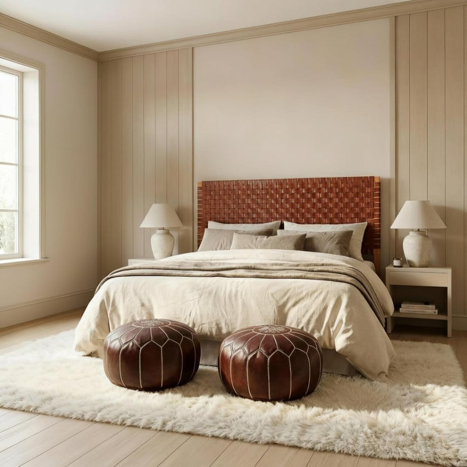 Handcrafted Leather Headboard & 2 Free Pouf Ottomans | Queen, King, California King