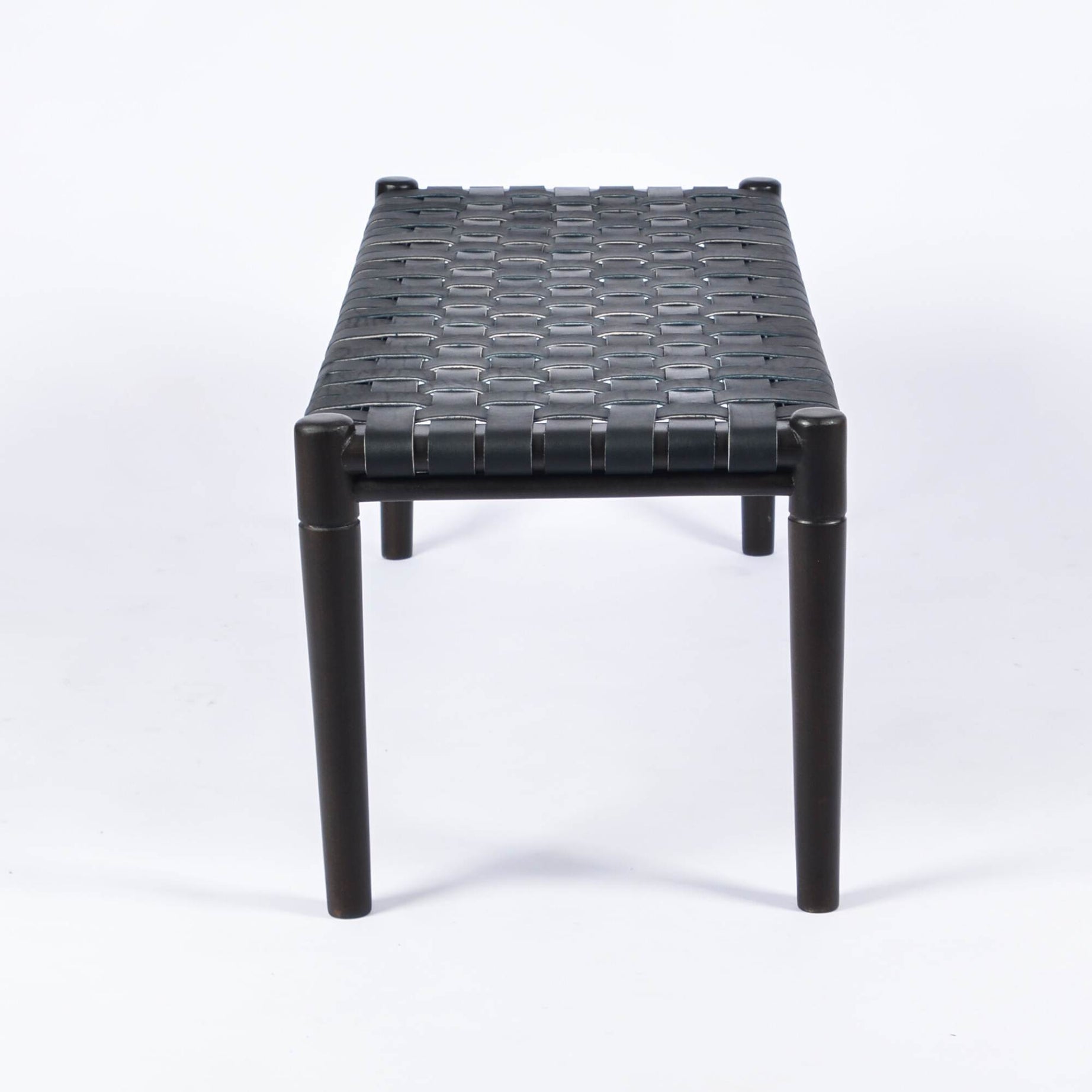 Helga Woven Leather Bench Black Teak Wood With Black Strap Leather
