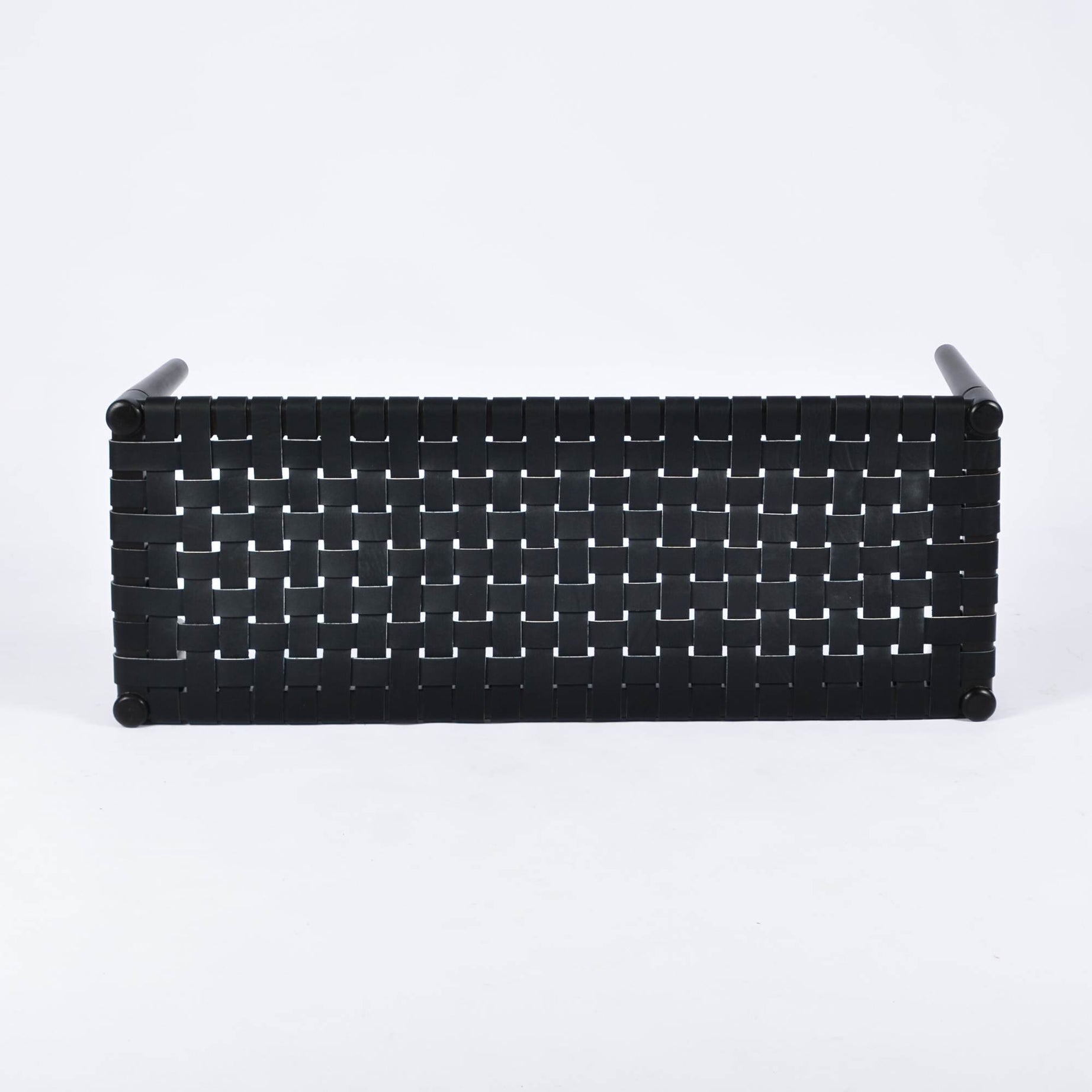 Helga Woven Leather Bench Black Teak Wood With Black Strap Leather