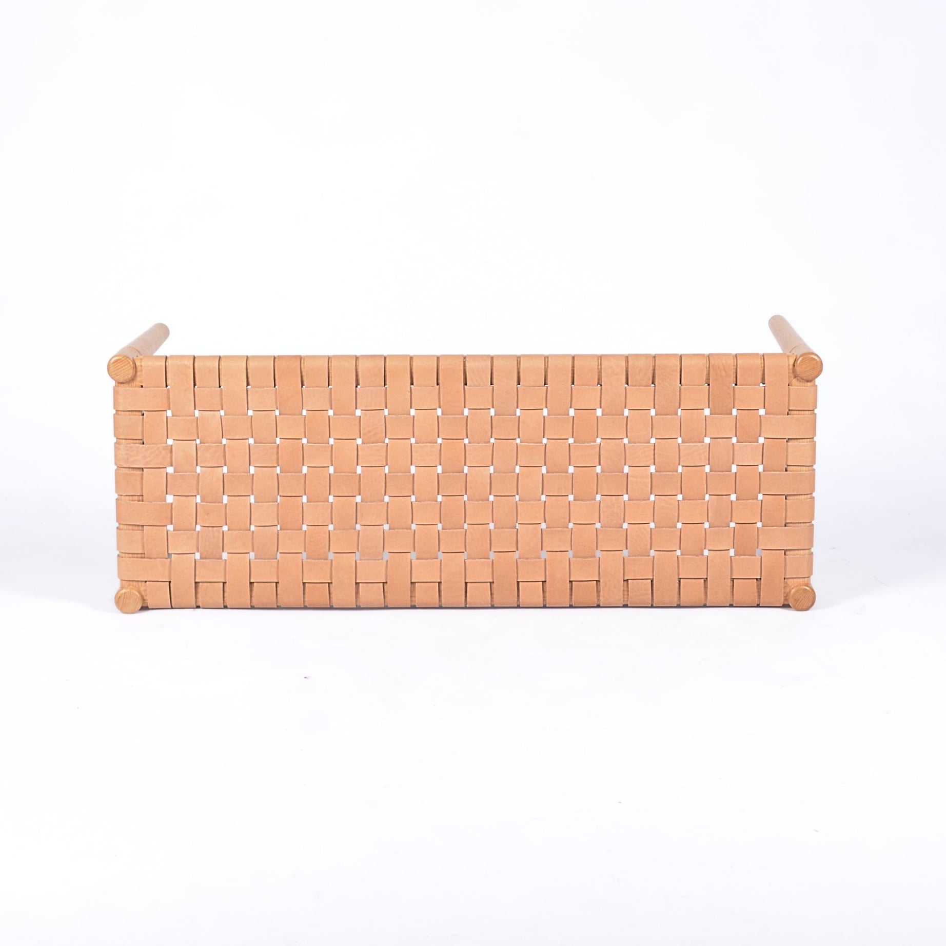 Helga Woven Leather Bench Varnished Teak Wood With Strap Beige Leather