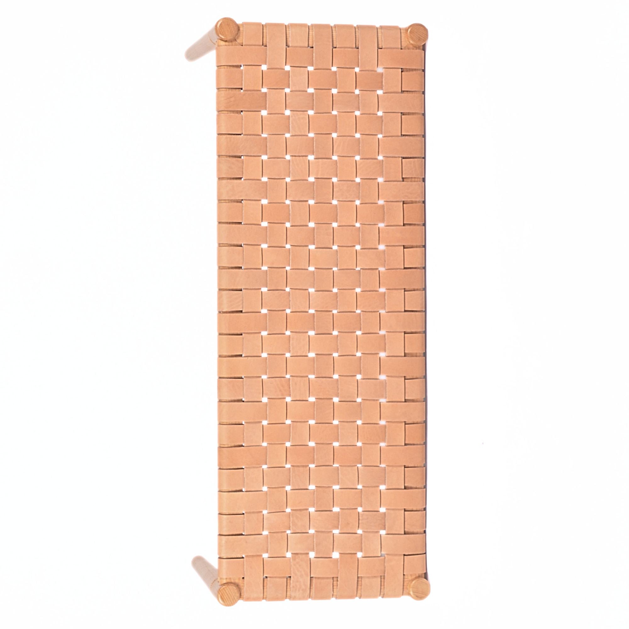 Helga Woven Leather Bench Varnished Teak Wood With Strap Beige Leather