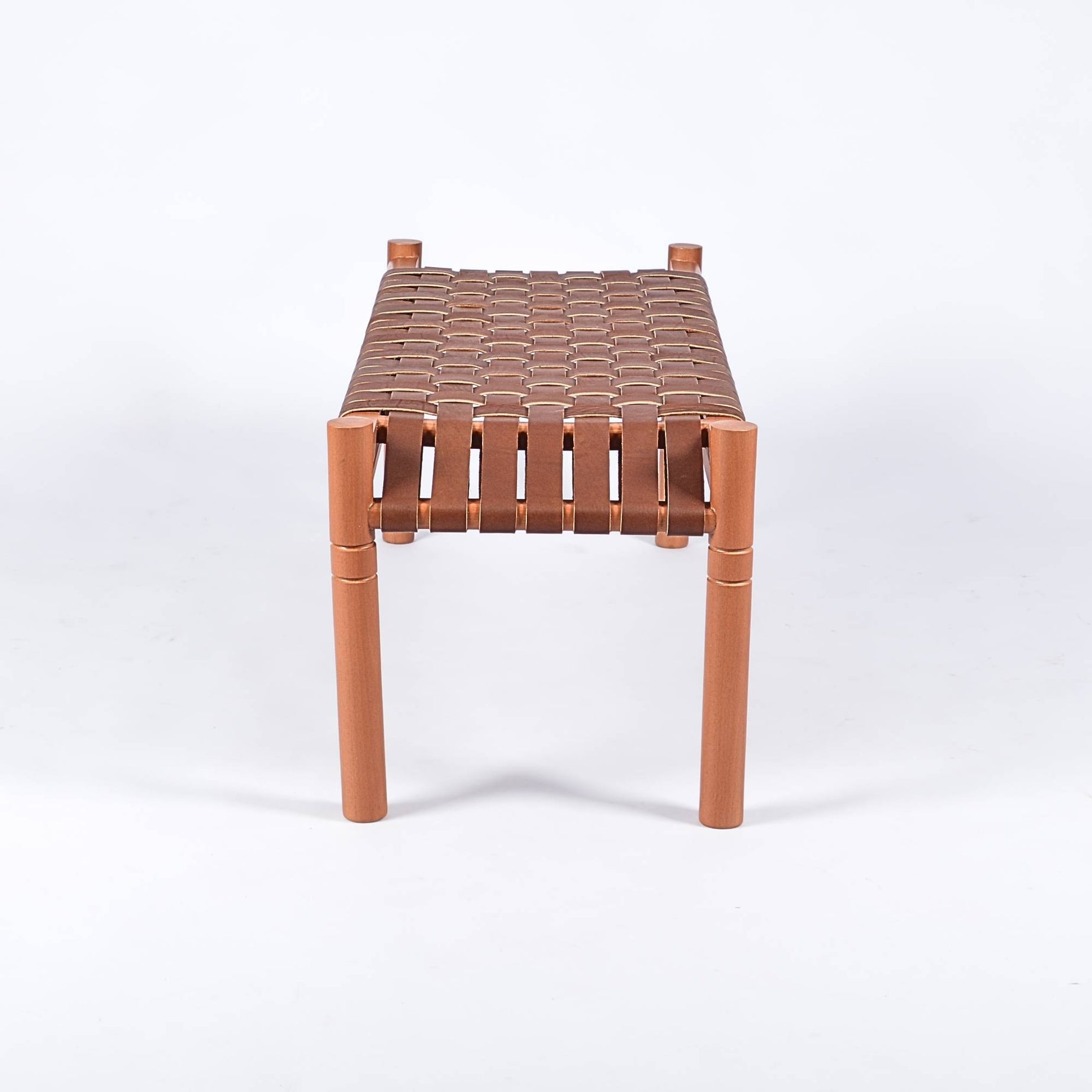 Hilda Woven Leather Bench Cognac Teak Wood With Brown Cognac Strap Leather