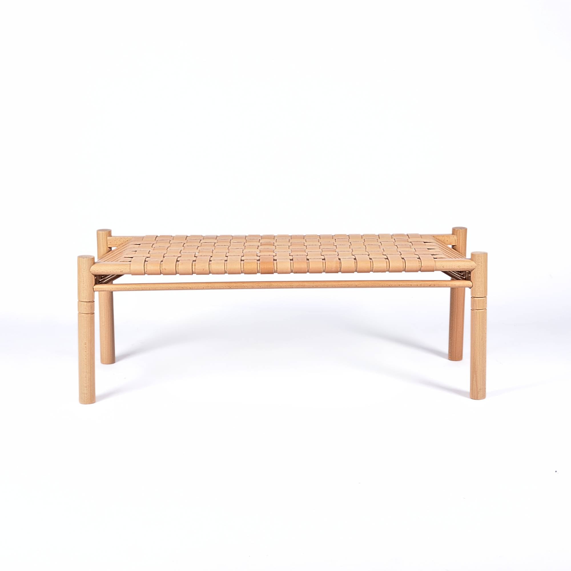 Hilda Woven Leather Bench Varnished Teak Wood With Strap Beige Leather