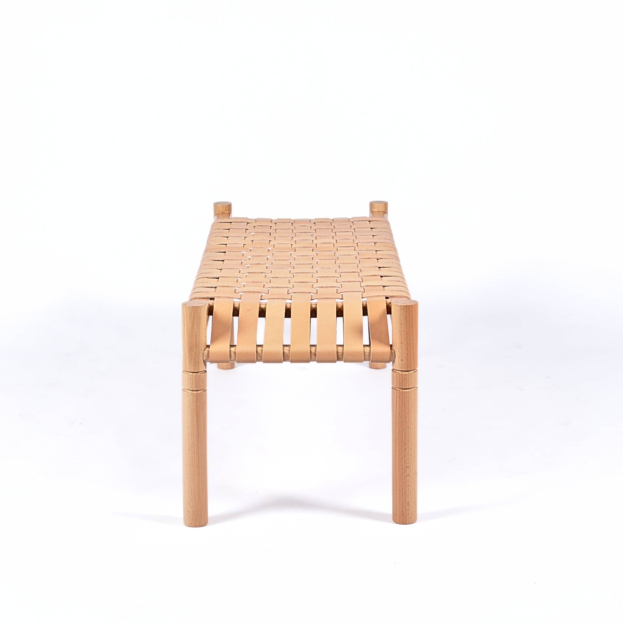 Hilda Woven Leather Bench Varnished Teak Wood With Strap Beige Leather