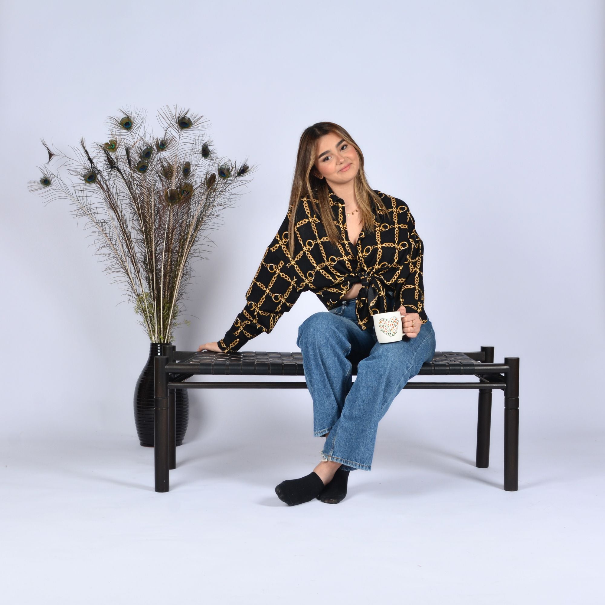 Hilda Woven Leather Bench Black Teak Wood With Black Strap Leather